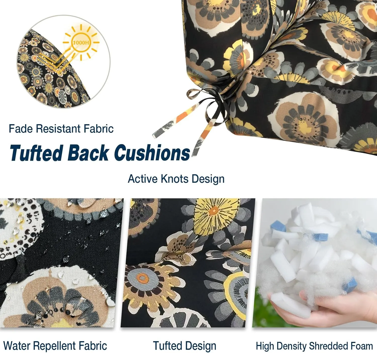 Outdoor Chair Cushions, Tufted Back Patio Furniture Cushions Set of 2, Water Repellent Wicker High Back Chair Cushion for Home Garden Lounge Chairs, 42x21x4 Inch, Black Yellow Crosby