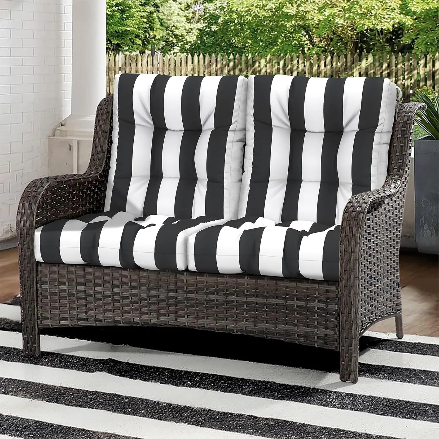 Outdoor Chair Cushions, Tufted Back Patio Furniture Cushions Set of 2, Water Repellent Wicker High Back Chair Cushion for Home Garden Lounge Deep Chairs, 42x21x4 Inch, Cabana Black