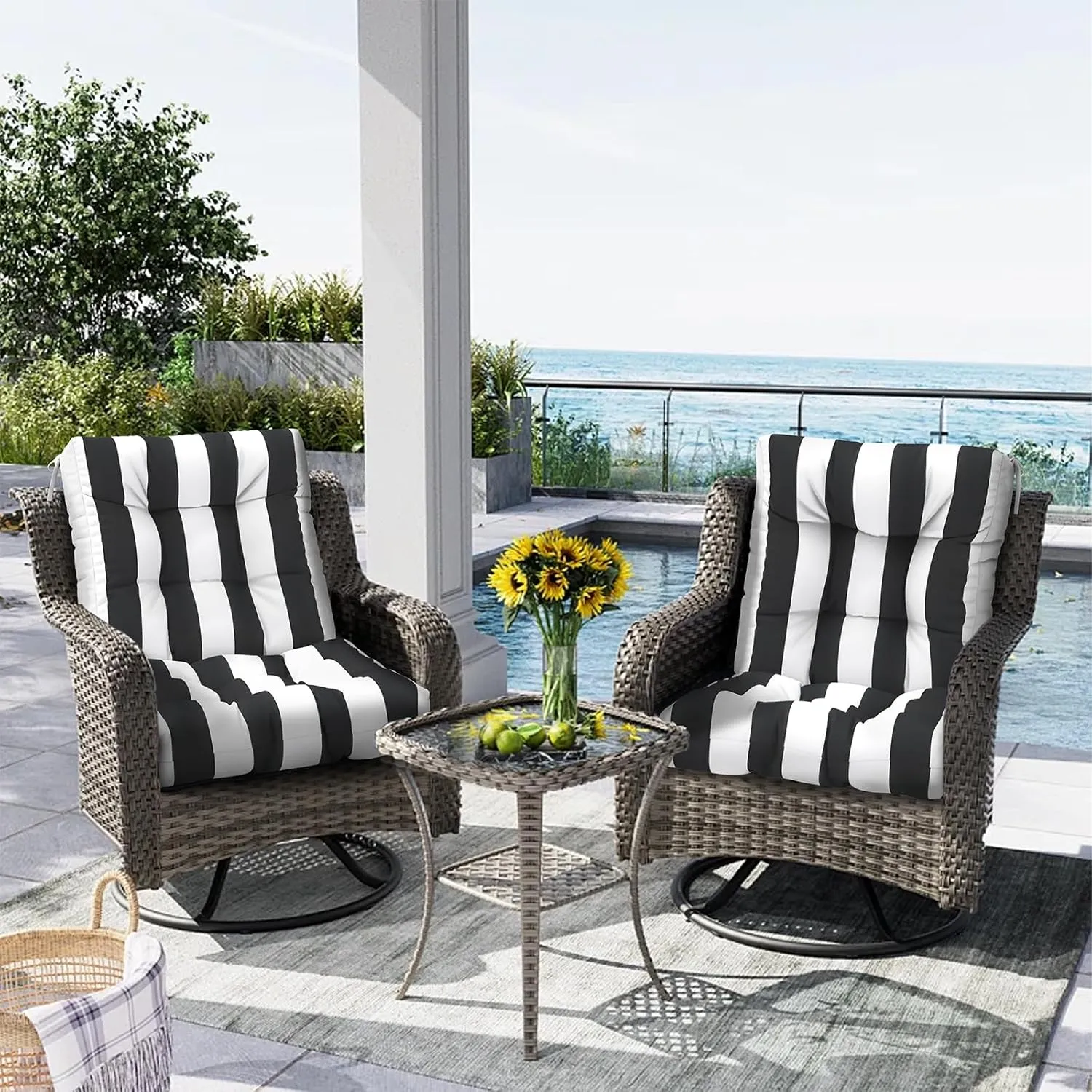 Outdoor Chair Cushions, Tufted Back Patio Furniture Cushions Set of 2, Water Repellent Wicker High Back Chair Cushion for Home Garden Lounge Deep Chairs, 42x21x4 Inch, Cabana Black