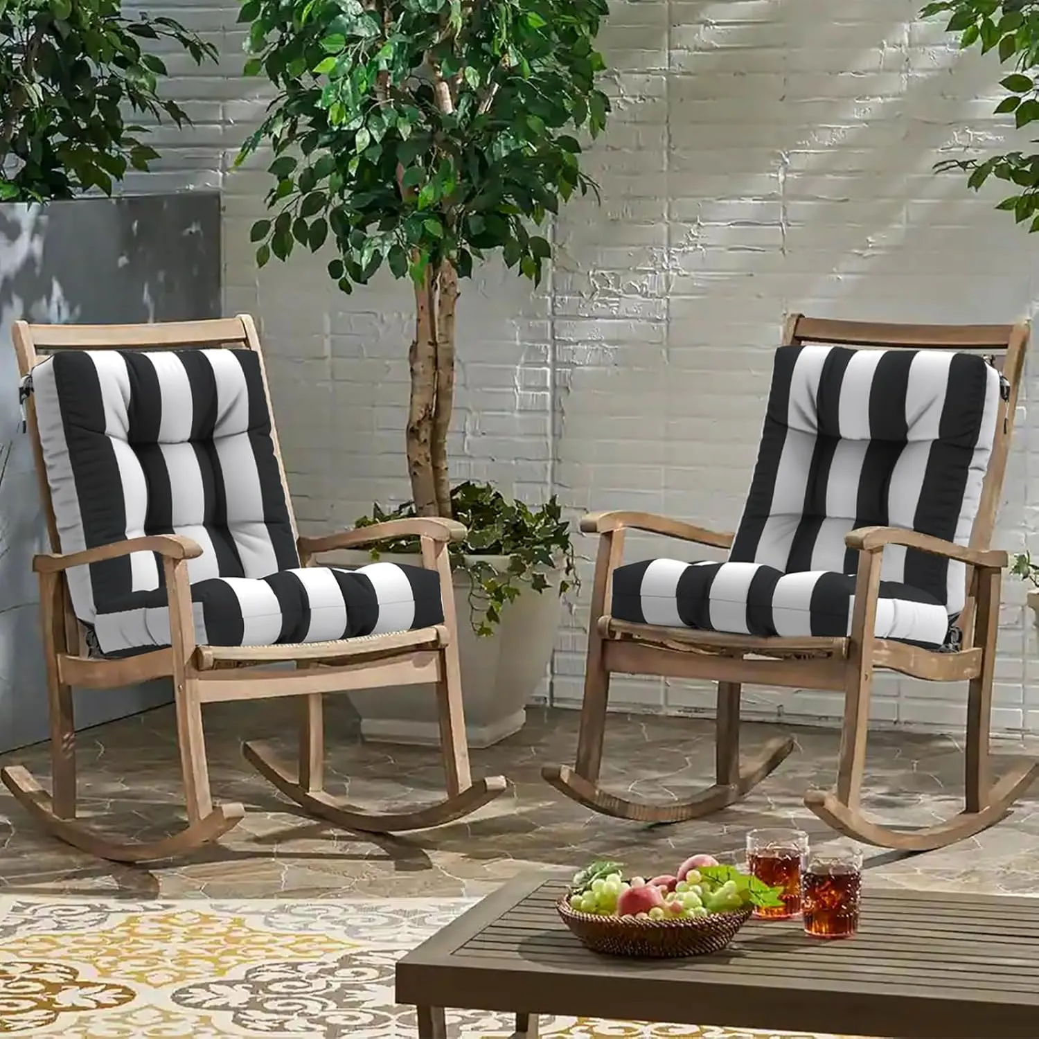 Outdoor Chair Cushions, Tufted Back Patio Furniture Cushions Set of 2, Water Repellent Wicker High Back Chair Cushion for Home Garden Lounge Deep Chairs, 42x21x4 Inch, Cabana Black