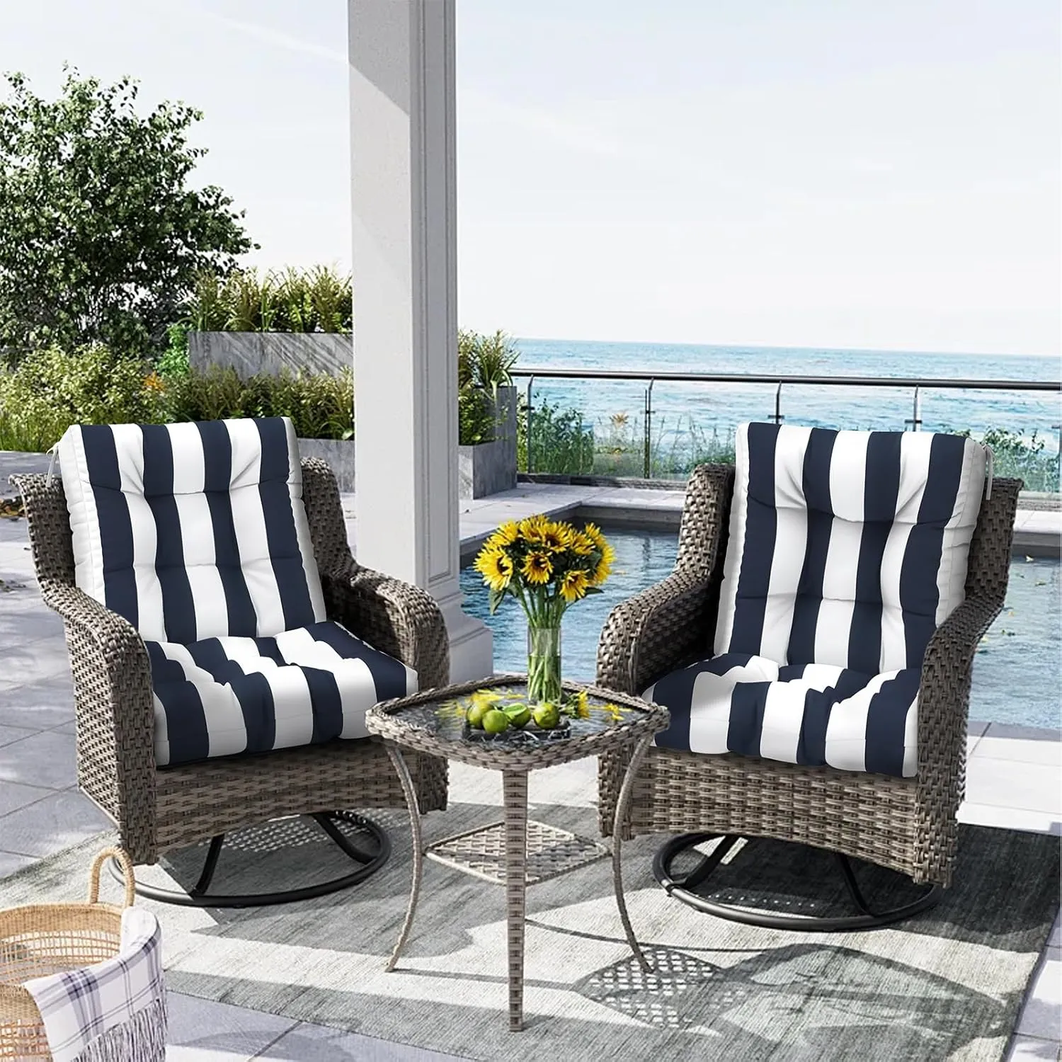 Outdoor Chair Cushions, Tufted Back Patio Furniture Cushions Set of 2, Water Repellent Wicker High Back Chair Cushion for Home Garden Lounge Deep Chairs, 42x21x4 Inch, Cabana Navy