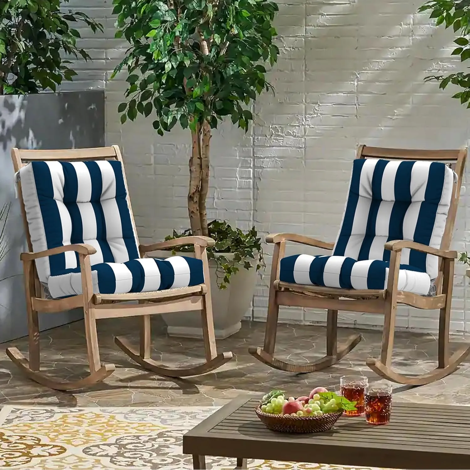 Outdoor Chair Cushions, Tufted Back Patio Furniture Cushions Set of 2, Water Repellent Wicker High Back Chair Cushion for Home Garden Lounge Deep Chairs, 42x21x4 Inch, Cabana Navy