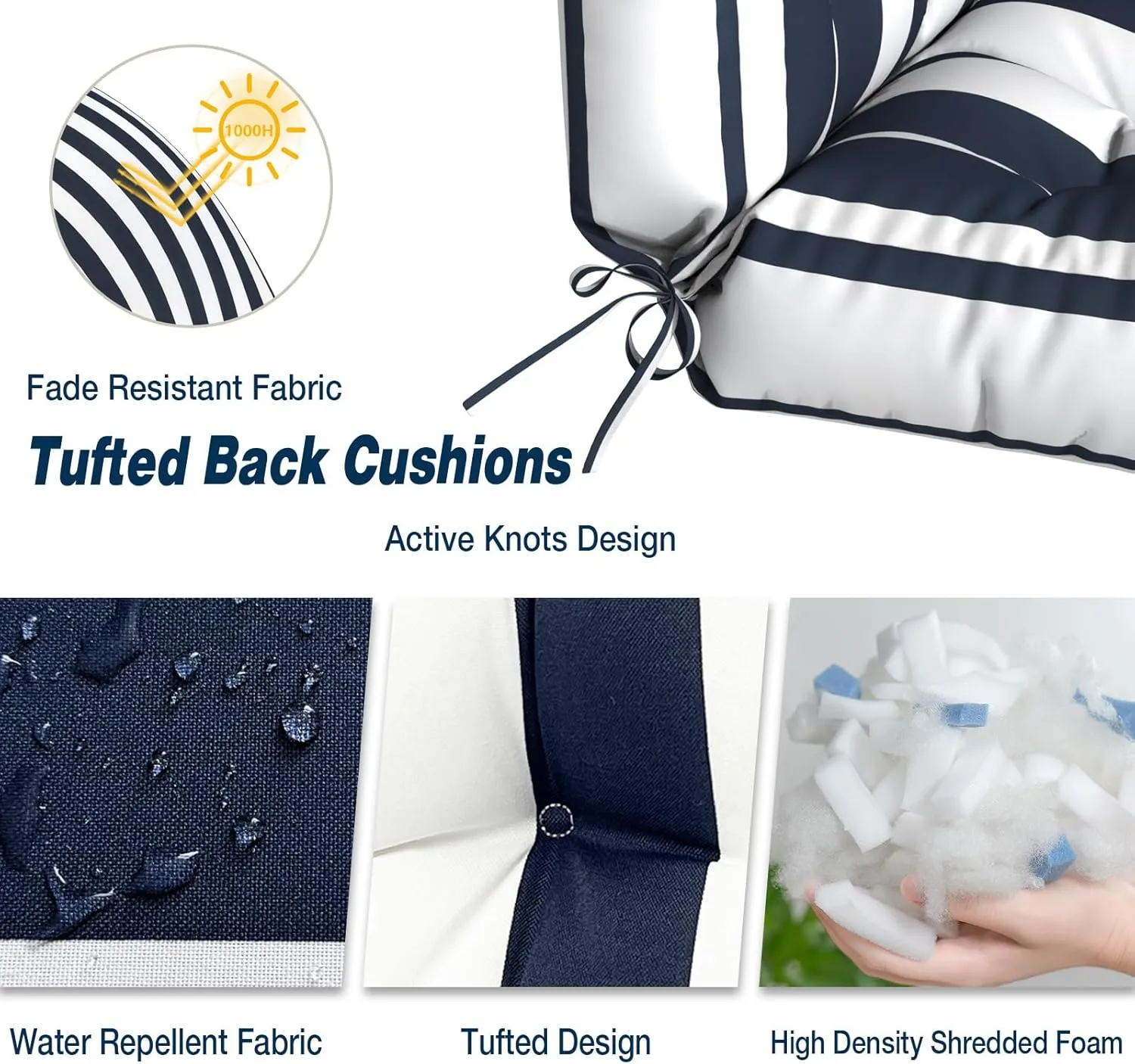 Outdoor Chair Cushions, Tufted Back Patio Furniture Cushions Set of 2, Water Repellent Wicker High Back Chair Cushion for Home Garden Lounge Deep Chairs, 42x21x4 Inch, Cabana Navy
