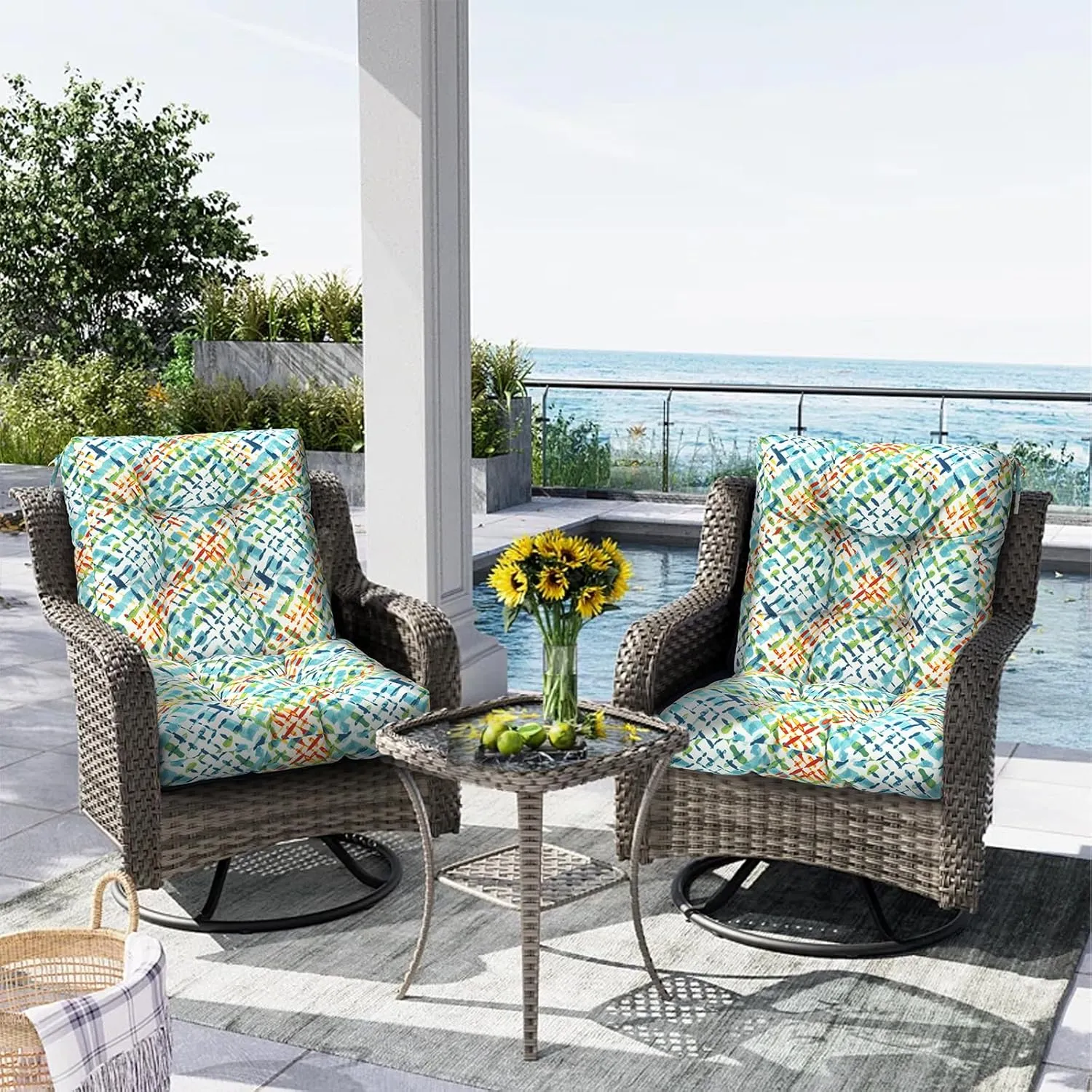 Outdoor Chair Cushions, Tufted Back Patio Furniture Cushions Set of 2, Water Repellent Wicker High Back Chair Cushion for Home Lounge Deep Chairs, 42x21x4 Inch, Acapa Opal Geometric