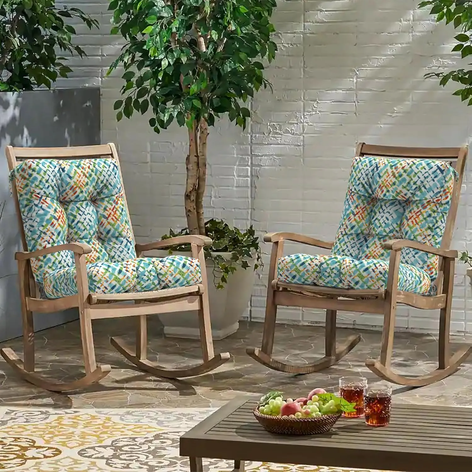 Outdoor Chair Cushions, Tufted Back Patio Furniture Cushions Set of 2, Water Repellent Wicker High Back Chair Cushion for Home Lounge Deep Chairs, 42x21x4 Inch, Acapa Opal Geometric