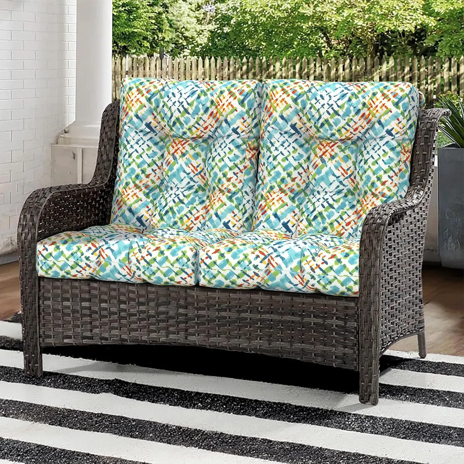 Outdoor Chair Cushions, Tufted Back Patio Furniture Cushions Set of 2, Water Repellent Wicker High Back Chair Cushion for Home Lounge Deep Chairs, 42x21x4 Inch, Acapa Opal Geometric