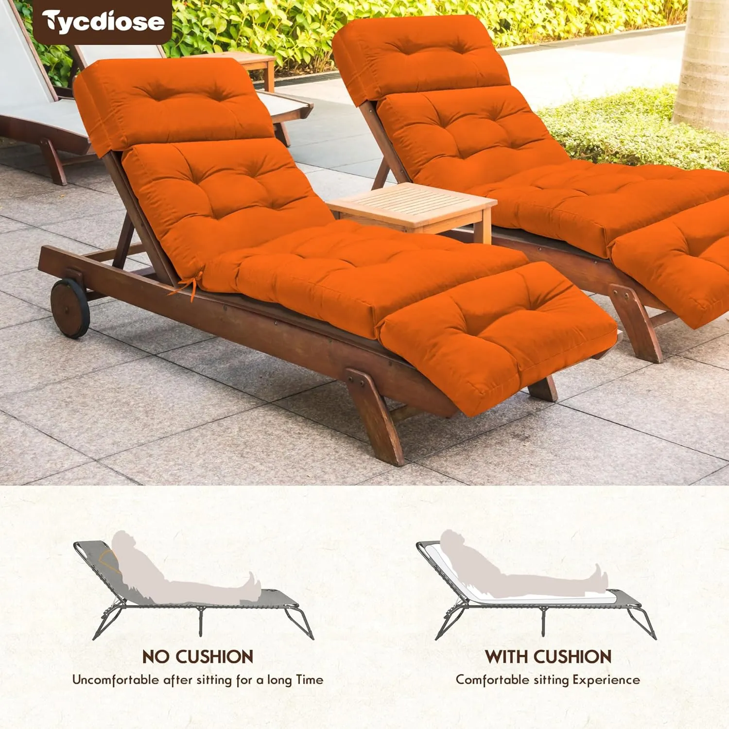 Outdoor Chaise Lounge Chair Cushion Waterproof 74.4 x 22 x 4.7 Inches Memory Foam Lounge Chair Cushions for Outdoor Furniture with Ties, Thickened Pool Chaise Lounge Chair Cushions, Orange