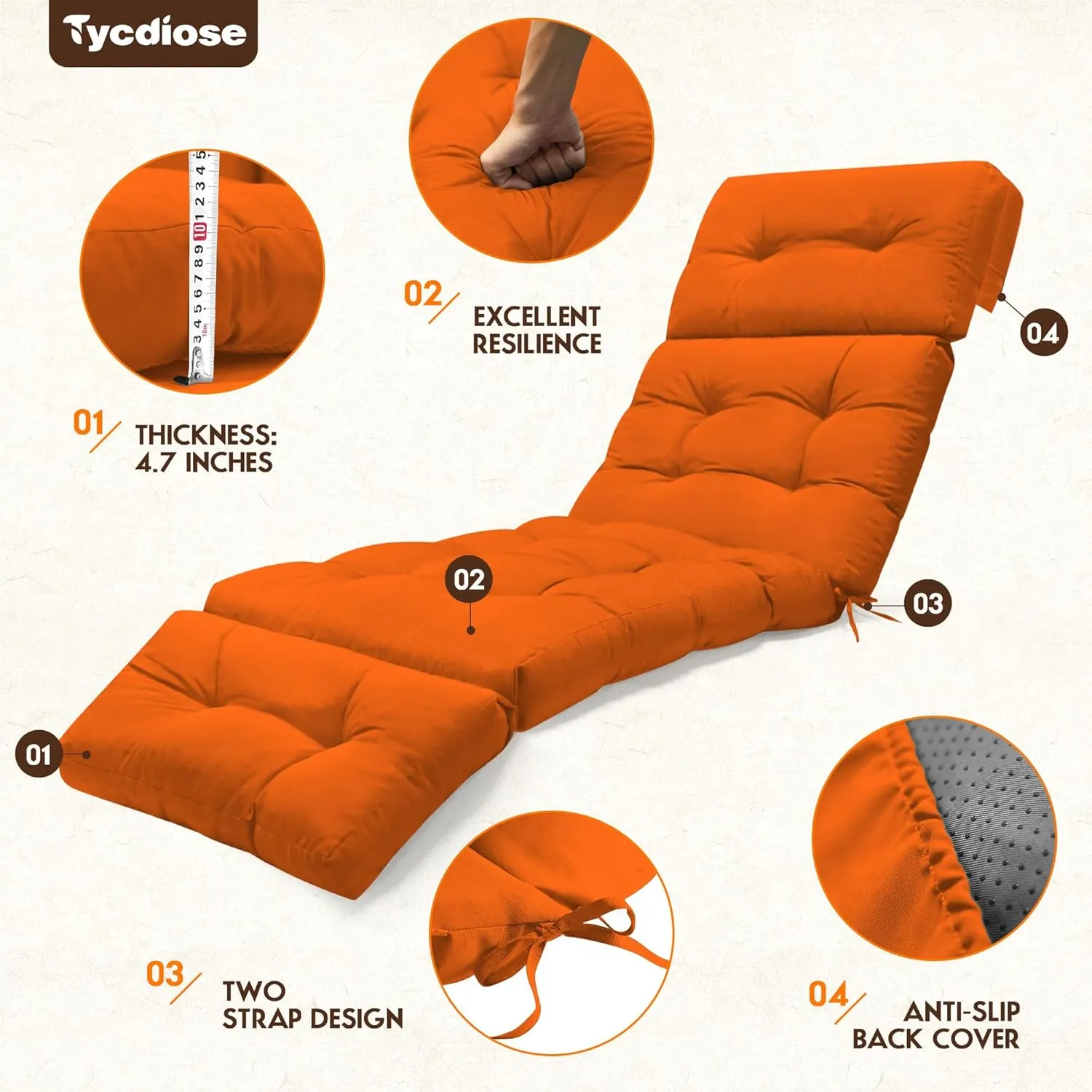 Outdoor Chaise Lounge Chair Cushion Waterproof 74.4 x 22 x 4.7 Inches Memory Foam Lounge Chair Cushions for Outdoor Furniture with Ties, Thickened Pool Chaise Lounge Chair Cushions, Orange