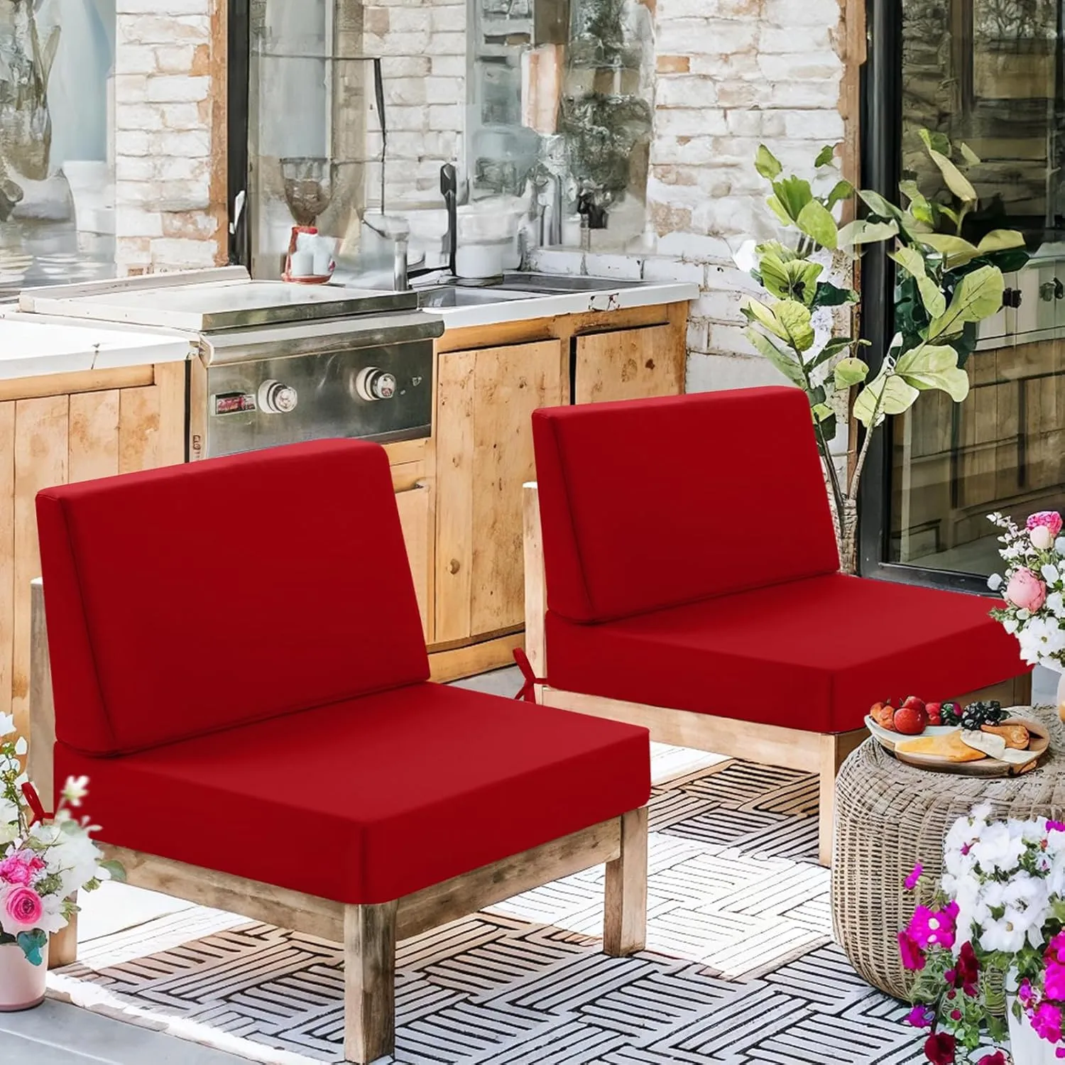 Outdoor Cushions for Patio Furniture 26.5x26.5, Outdoor Seat Cushion & Inclined Back Cushion with Ties, Waterproof Replacement Deep Seat Couch Sofa Chair Cushion for Backyard Garden Deck, Red