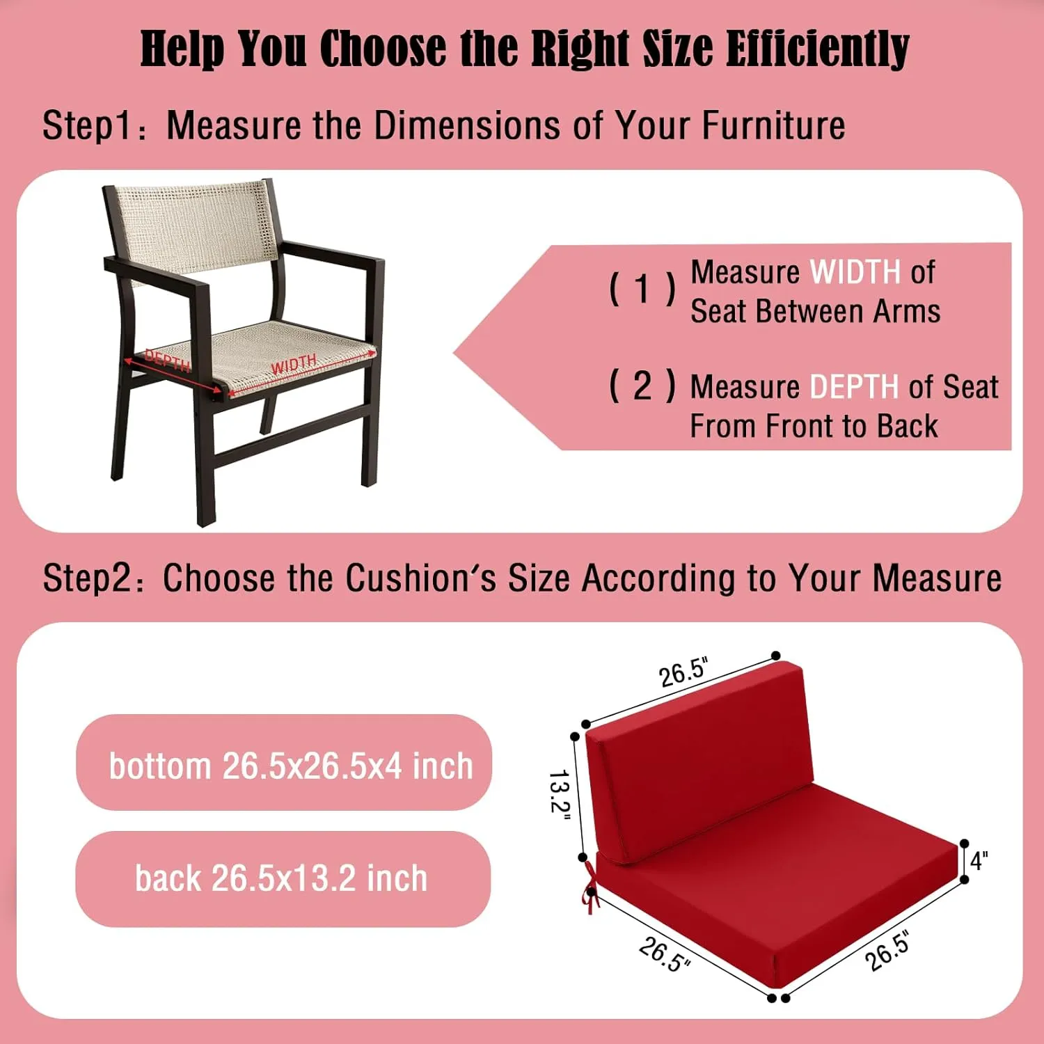 Outdoor Cushions for Patio Furniture 26.5x26.5, Outdoor Seat Cushion & Inclined Back Cushion with Ties, Waterproof Replacement Deep Seat Couch Sofa Chair Cushion for Backyard Garden Deck, Red