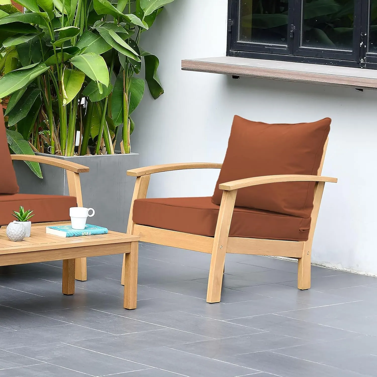 Outdoor Deep Seat Cushion Patio Seat and Back Cushion Set Seasonal Replacement Chair Cushion with Removable Cover and Adjustable Buckle for Home and Garden, 19"x19"x3", Brick Red