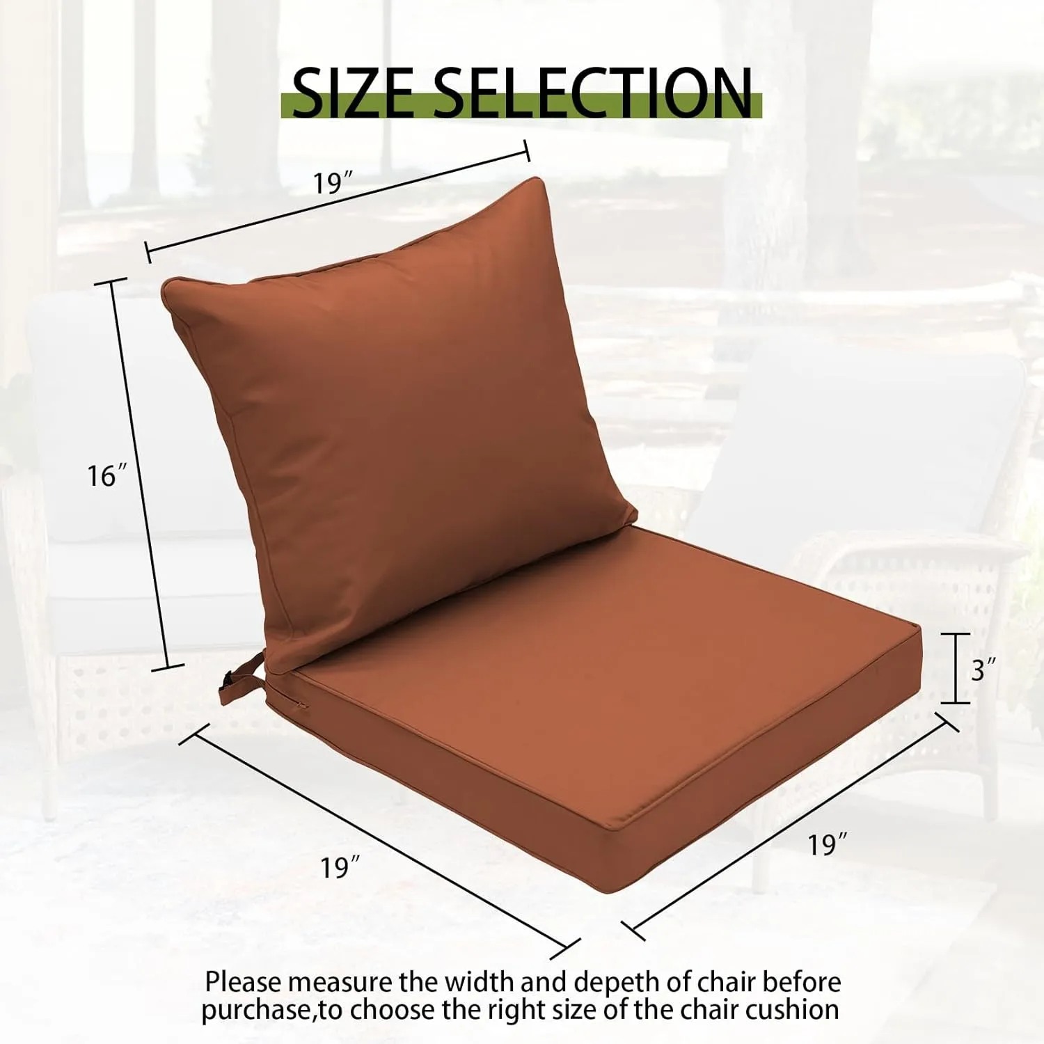 Outdoor Deep Seat Cushion Patio Seat and Back Cushion Set Seasonal Replacement Chair Cushion with Removable Cover and Adjustable Buckle for Home and Garden, 19"x19"x3", Brick Red