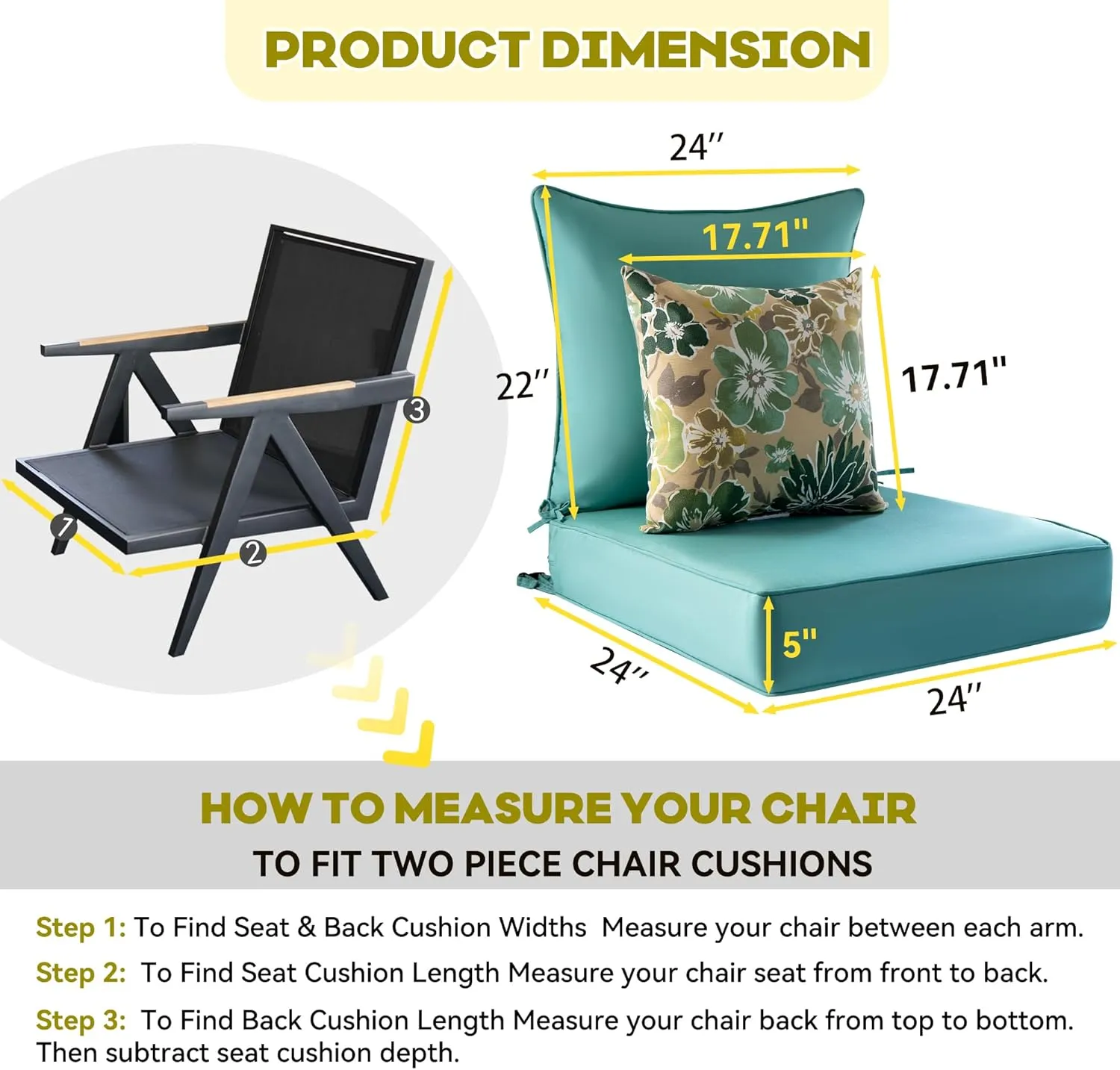 Outdoor Deep Seat Cushion Set of 2,24 x 24 Inch, Deep Seat,Back Cushion and Pillow with Removable Cover and Adjustable Straps for Chair, Sofa, and Couch
