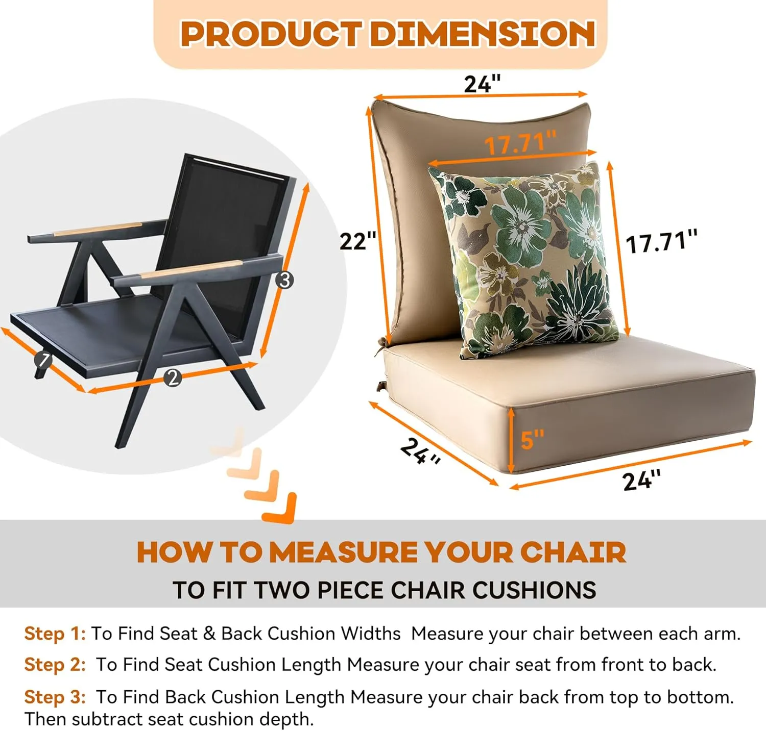 Outdoor Deep Seat Cushion Set of 2,24 x 24 Inch, Deep Seat,Back Cushion and Pillow with Removable Cover and Adjustable Straps for Chair, Sofa, and Couch