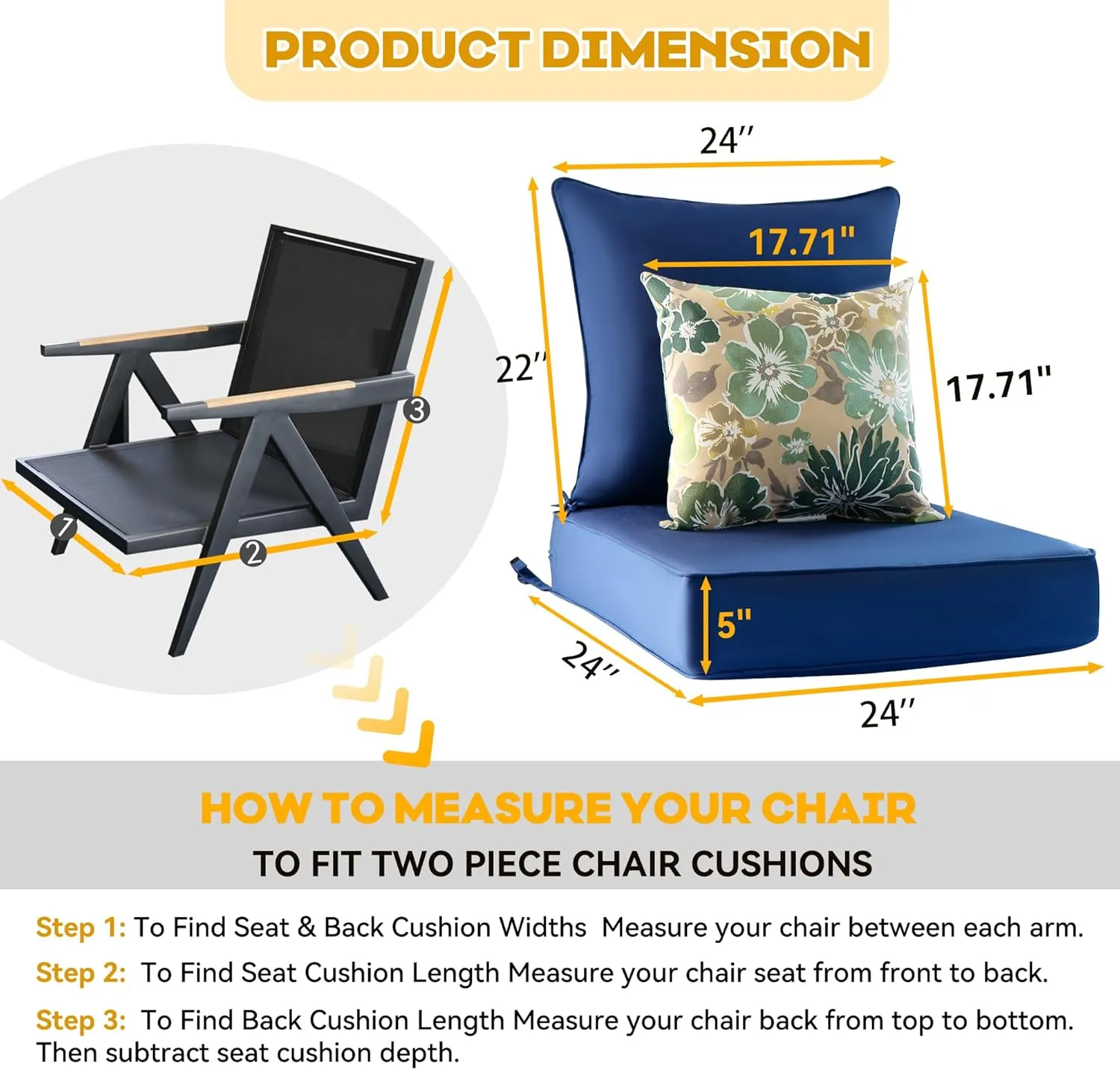 Outdoor Deep Seat Cushion Set of 2,24 x 24 Inch, Deep Seat,Back Cushion and Pillow with Removable Cover and Adjustable Straps for Chair, Sofa, and Couch