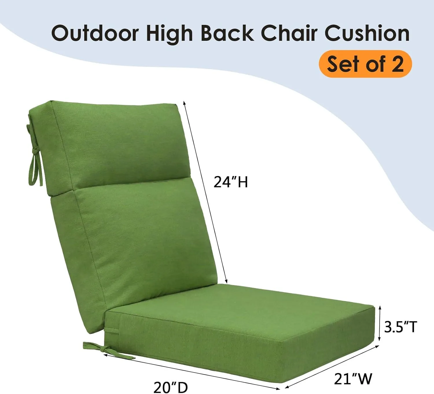 Outdoor High Back Chair Cushion Seat Pads, 2-Pack 44 x 21 Inch Water-Repellent & Fade-Resistant Patio Furniture Cushions with Ties for Adirondack, Rocking Chairs, Lawn Green