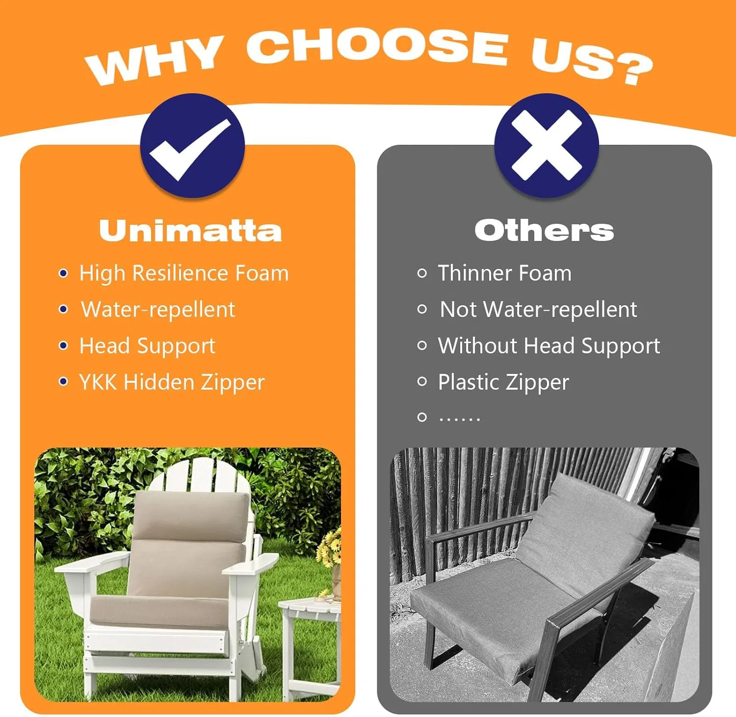 Outdoor High Back Chair Cushion Seat Pads, 2-Pack 44 x 21 Inch Water-Repellent & Fade-Resistant Patio Furniture Cushions with Ties for Adirondack, Rocking Chairs, Tan