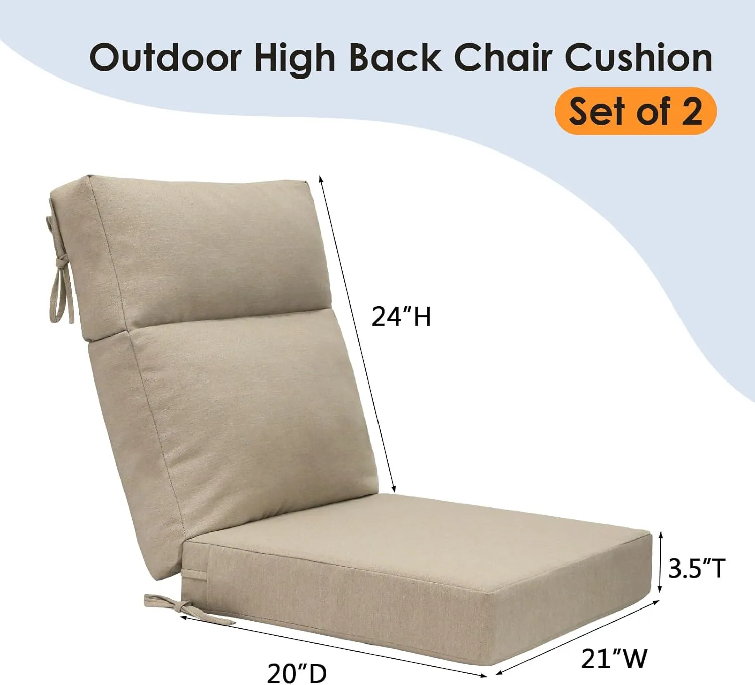 Outdoor High Back Chair Cushion Seat Pads, 2-Pack 44 x 21 Inch Water-Repellent & Fade-Resistant Patio Furniture Cushions with Ties for Adirondack, Rocking Chairs, Tan