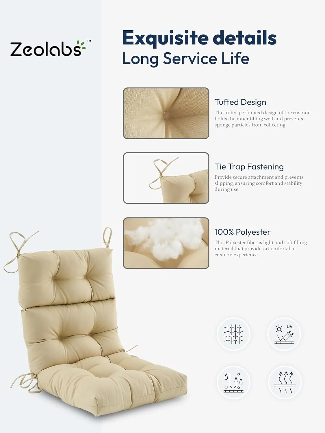 Outdoor High Back Chair Cushion,Water Resistant Tufted Adirondack Rocking Chair Cushion with Ties,Replacement Seat Cushion for Patio Furniture,Beige