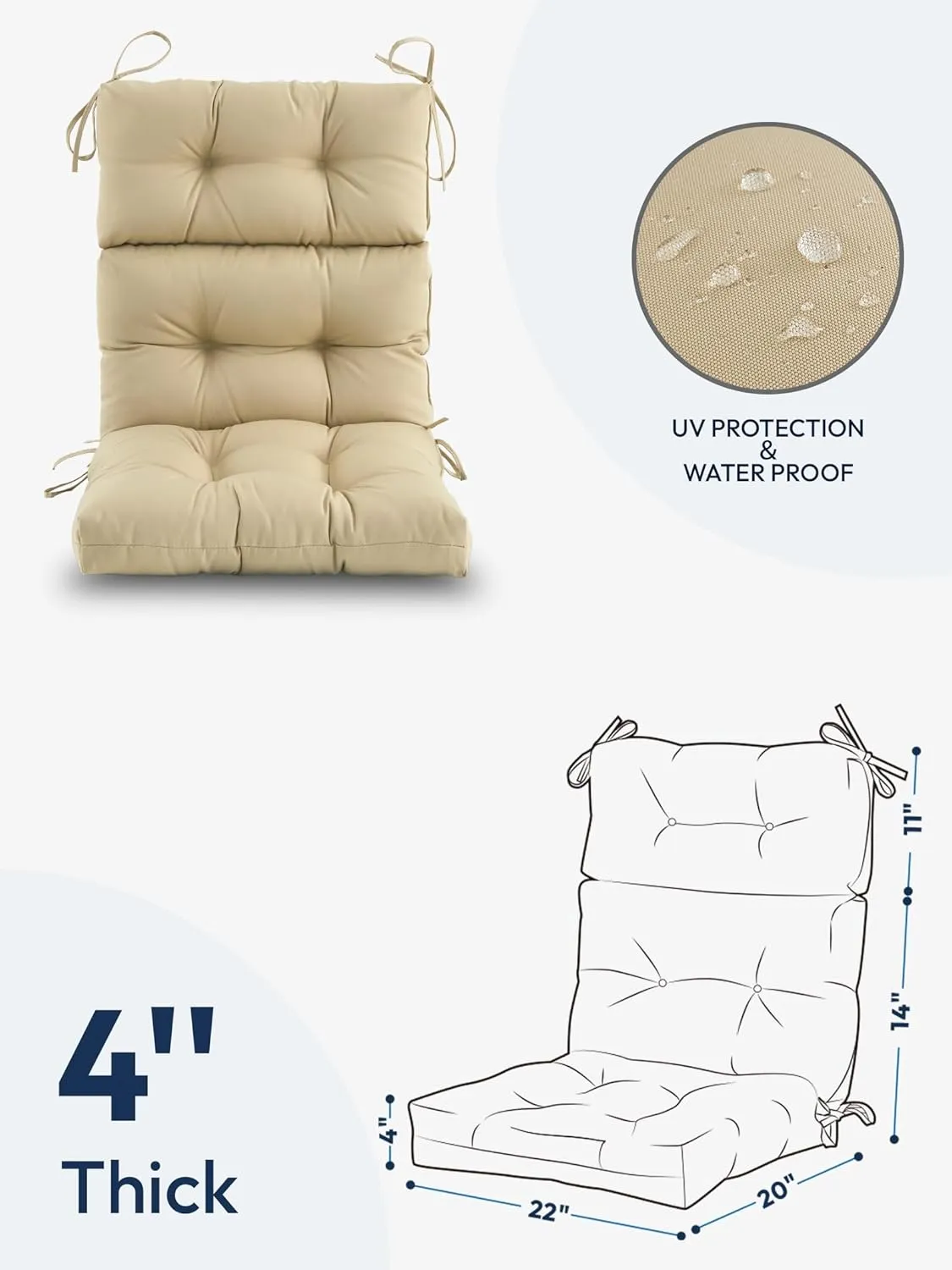 Outdoor High Back Chair Cushion,Water Resistant Tufted Adirondack Rocking Chair Cushion with Ties,Replacement Seat Cushion for Patio Furniture,Beige