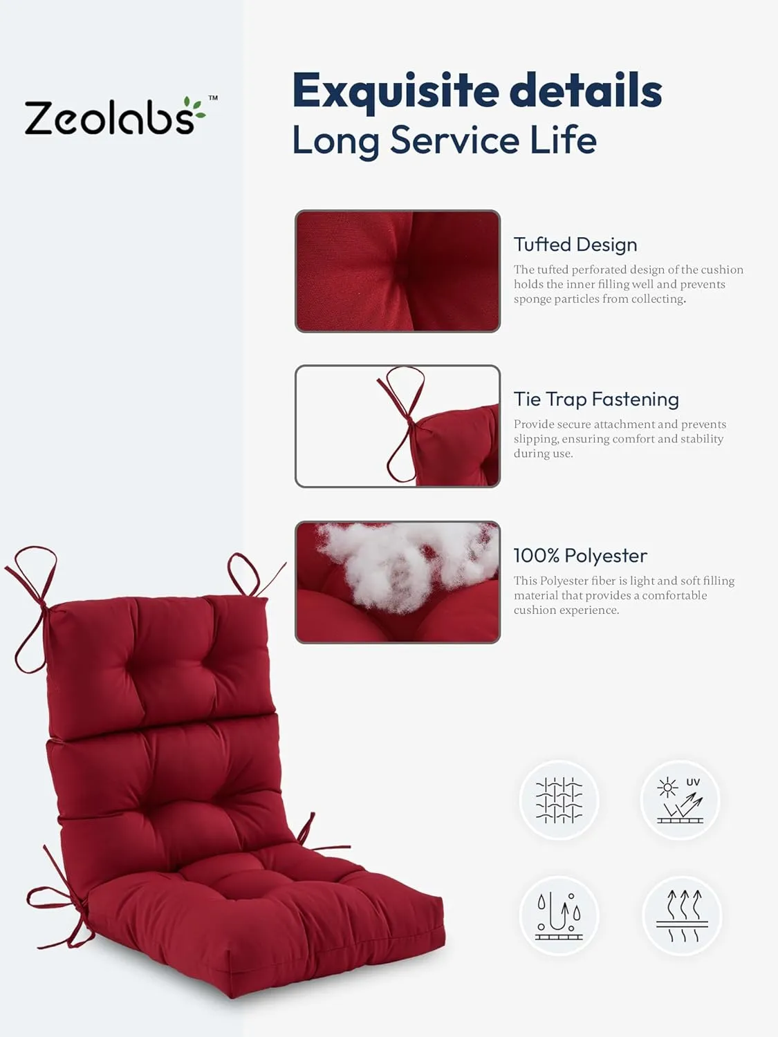 Outdoor High Back Chair Cushion,Water Resistant Tufted Adirondack Rocking Chair Cushion with Ties,Replacement Seat Cushion for Patio Furniture,Burgundy