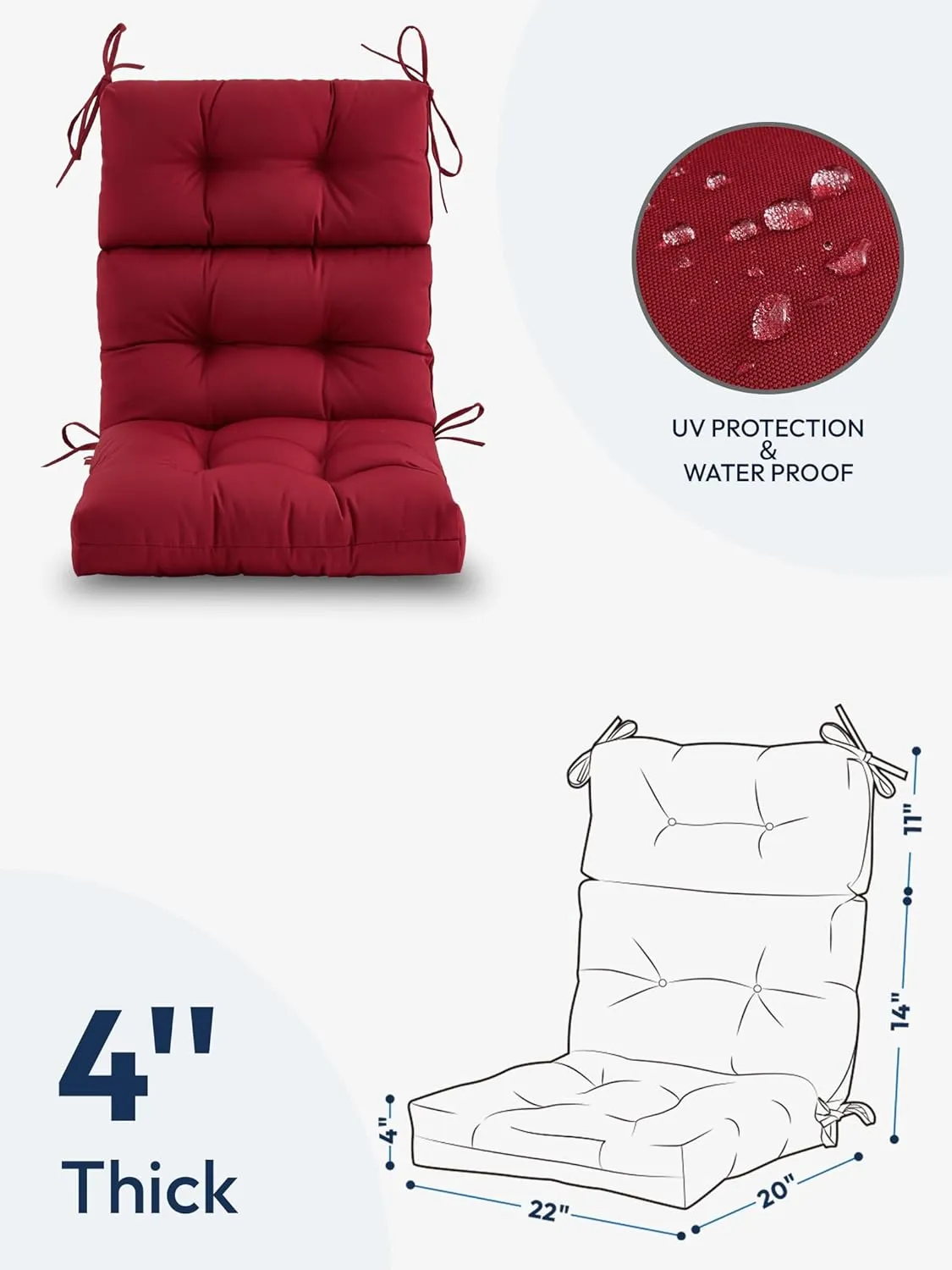 Outdoor High Back Chair Cushion,Water Resistant Tufted Adirondack Rocking Chair Cushion with Ties,Replacement Seat Cushion for Patio Furniture,Burgundy