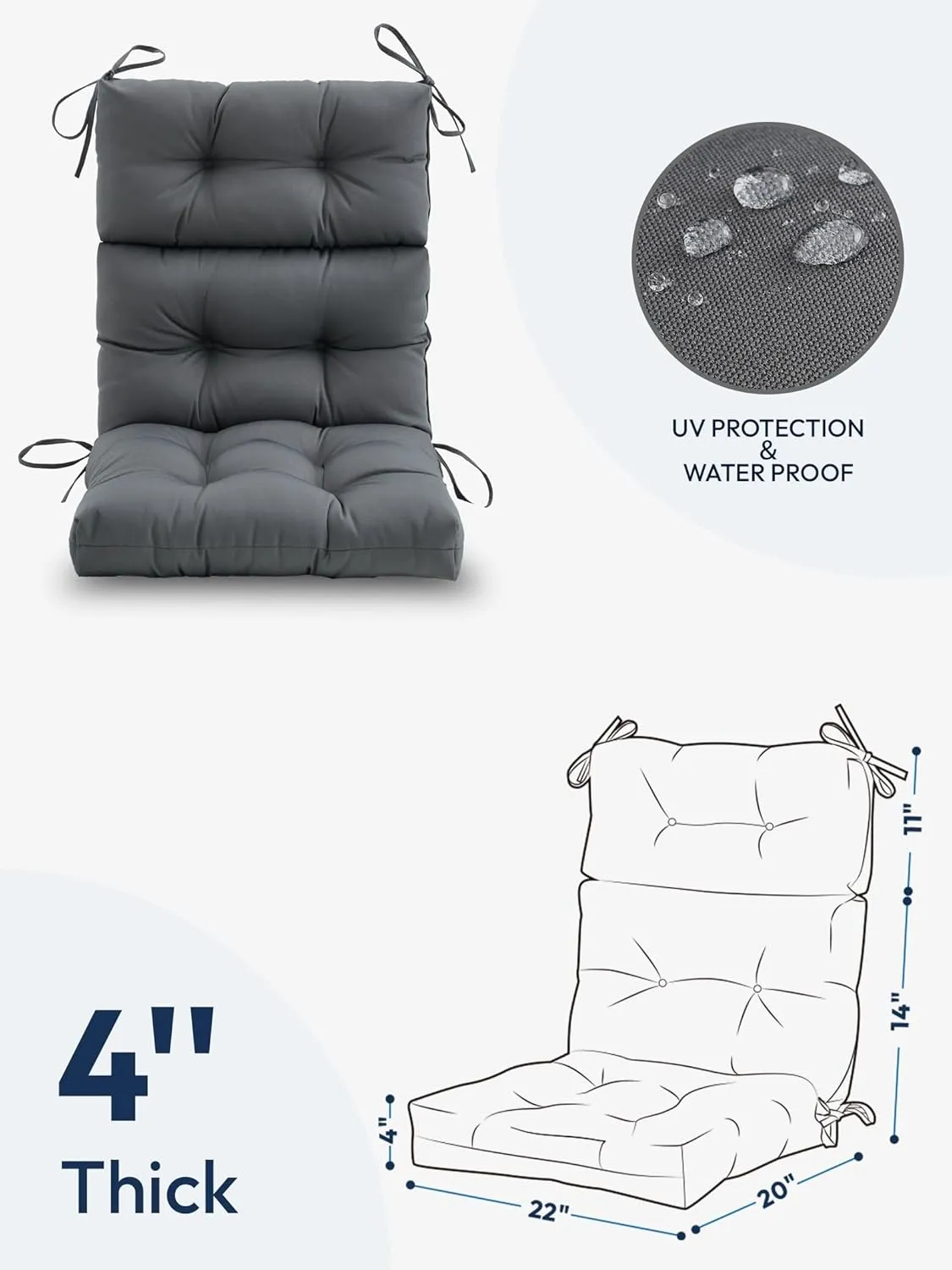 Outdoor High Back Chair Cushion,Water Resistant Tufted Adirondack Rocking Chair Cushion with Ties,Replacement Seat Cushion for Patio Furniture,Dark Grey