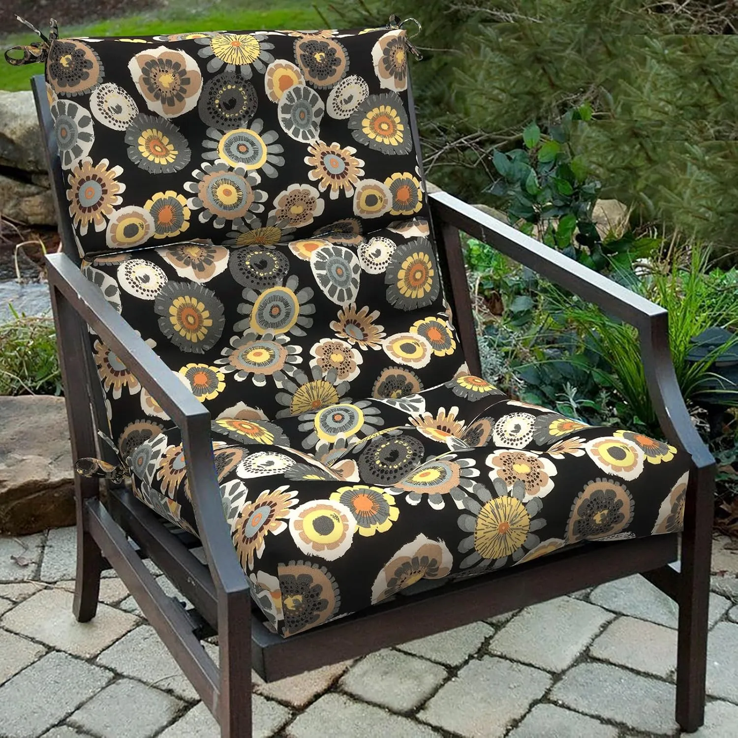Outdoor High Back Patio Chair Cushions, Tufted Rocking Chair Cushions, Adirondack Cushions for Garden Porch Home Office Chairs Use, 44” x 22” x 4”, 2 Pack,Black Yellow Crosby