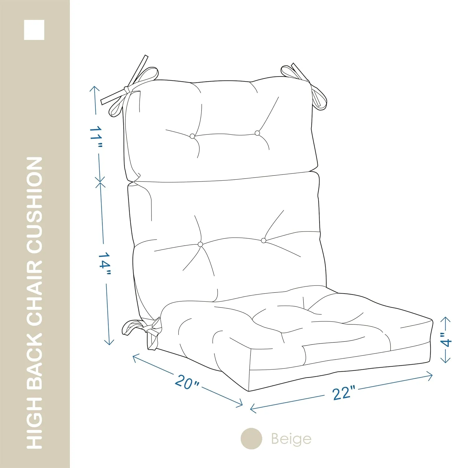 Outdoor Indoor High Back Chair Cushions Set of 4,Waterproof All-Weather Patio Adirondack Rocking Chair Cushions,Seat Back Chair Cushion for Outdoor Furniture with Ties,45x22 Inch, Beige