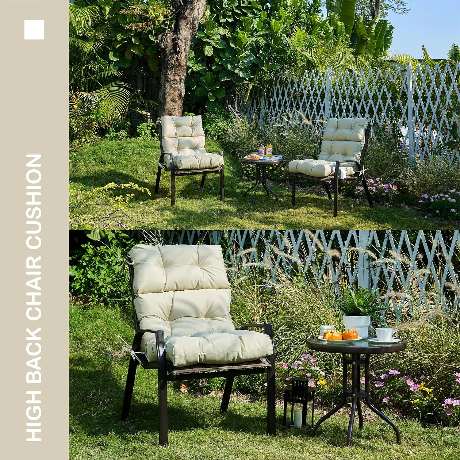 Outdoor Indoor High Back Chair Cushions Set of 4,Waterproof All-Weather Patio Adirondack Rocking Chair Cushions,Seat Back Chair Cushion for Outdoor Furniture with Ties,45x22 Inch, Beige