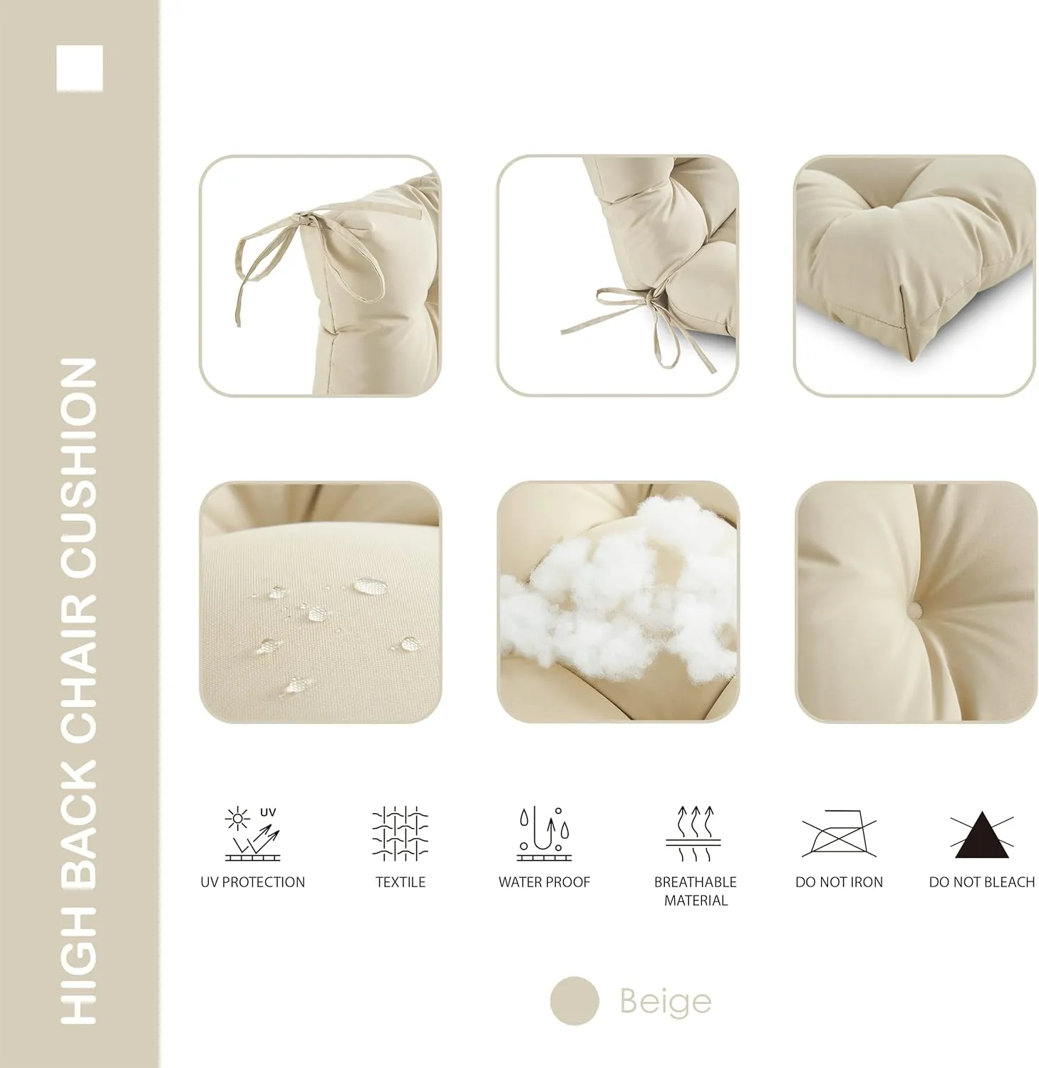Outdoor Indoor High Back Chair Cushions Set of 4,Waterproof All-Weather Patio Adirondack Rocking Chair Cushions,Seat Back Chair Cushion for Outdoor Furniture with Ties,45x22 Inch, Beige