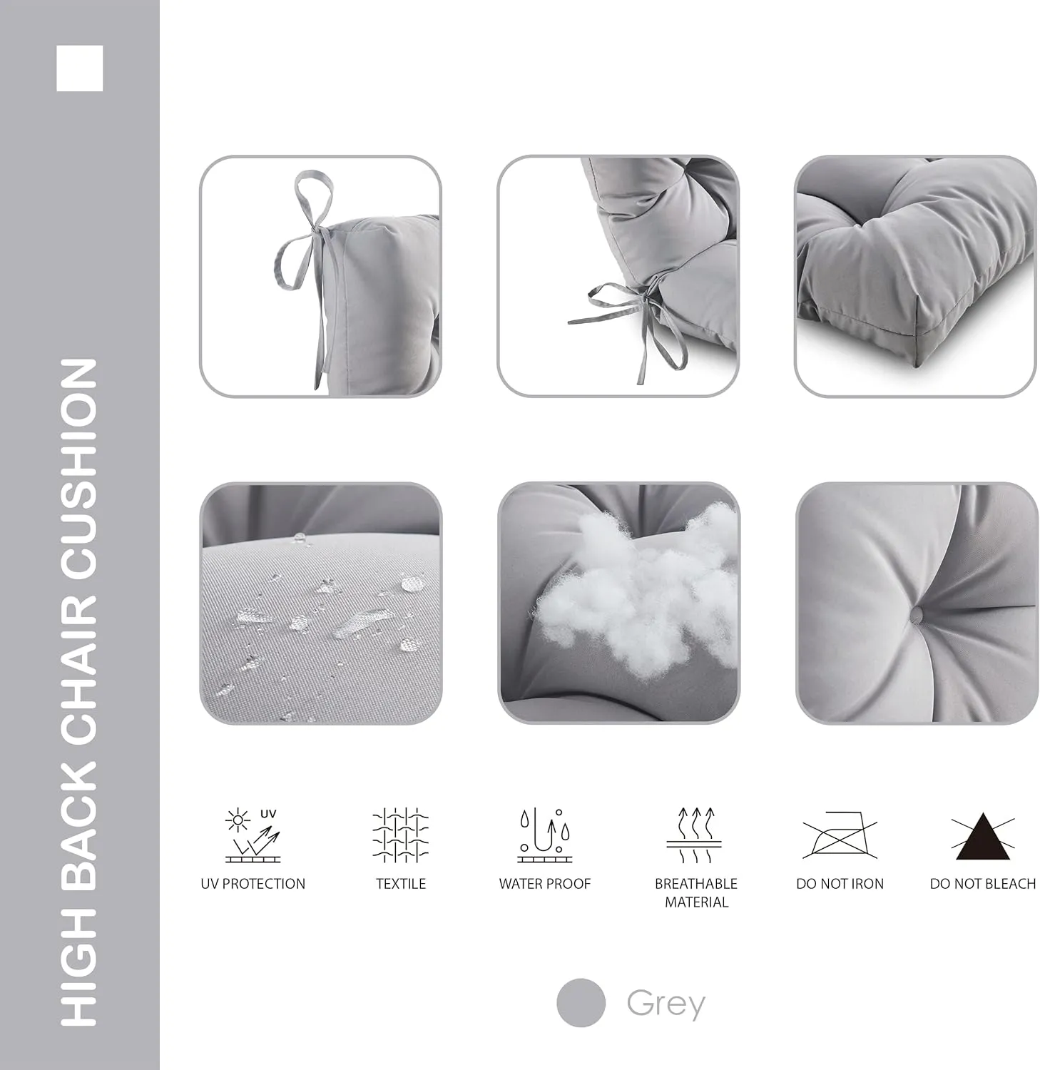 Outdoor Indoor High Back Chair Cushions Set of 4,Waterproof All-Weather Patio Adirondack Rocking Chair Cushions,Seat Back Chair Cushion for Outdoor Furniture with Ties,45x22 Inch, Grey