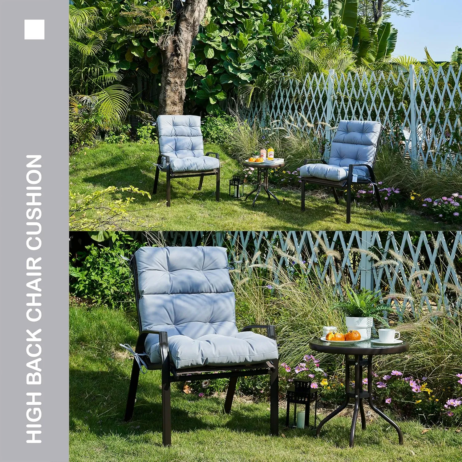 Outdoor Indoor High Back Chair Cushions Set of 4,Waterproof All-Weather Patio Adirondack Rocking Chair Cushions,Seat Back Chair Cushion for Outdoor Furniture with Ties,45x22 Inch, Grey