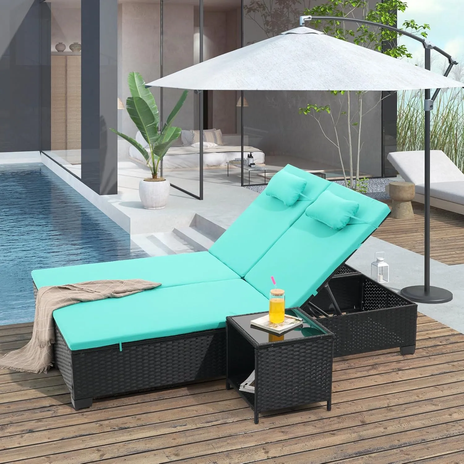 Outdoor Patio PE Wicker Chaise Lounge Chairs Set of 3 Patio Black Rattan Reclining Chair Adjustable Backrest Pool Sunbathing Recliners with Table (Green)
