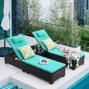 Outdoor Patio PE Wicker Chaise Lounge Chairs Set of 3 Patio Black Rattan Reclining Chair Adjustable Backrest Pool Sunbathing Recliners with Table (Green)