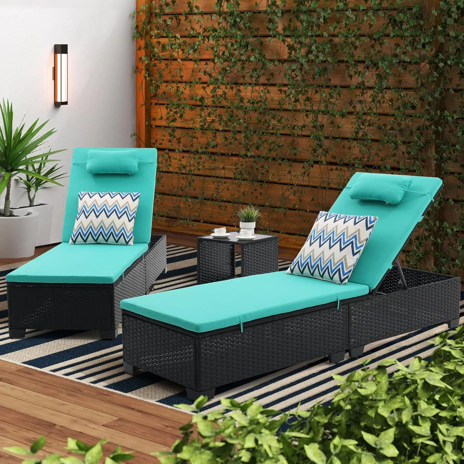 Outdoor Patio PE Wicker Chaise Lounge Chairs Set of 3 Patio Black Rattan Reclining Chair Adjustable Backrest Pool Sunbathing Recliners with Table (Green)