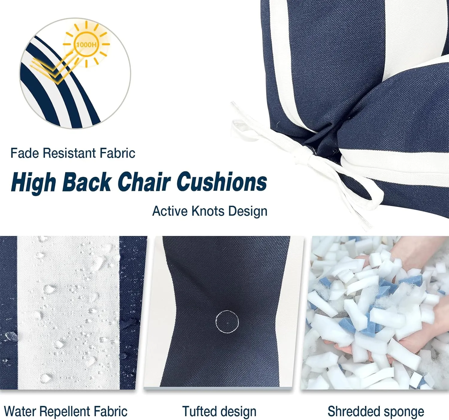 Outdoor Rocking Chair Cushions, Non-Skid Slip Backed Sun Lounger Chair Cushions, High Back Chair Cushion for Patio Chairs, 44"x22"x4", Set of 2, Cabana Navy
