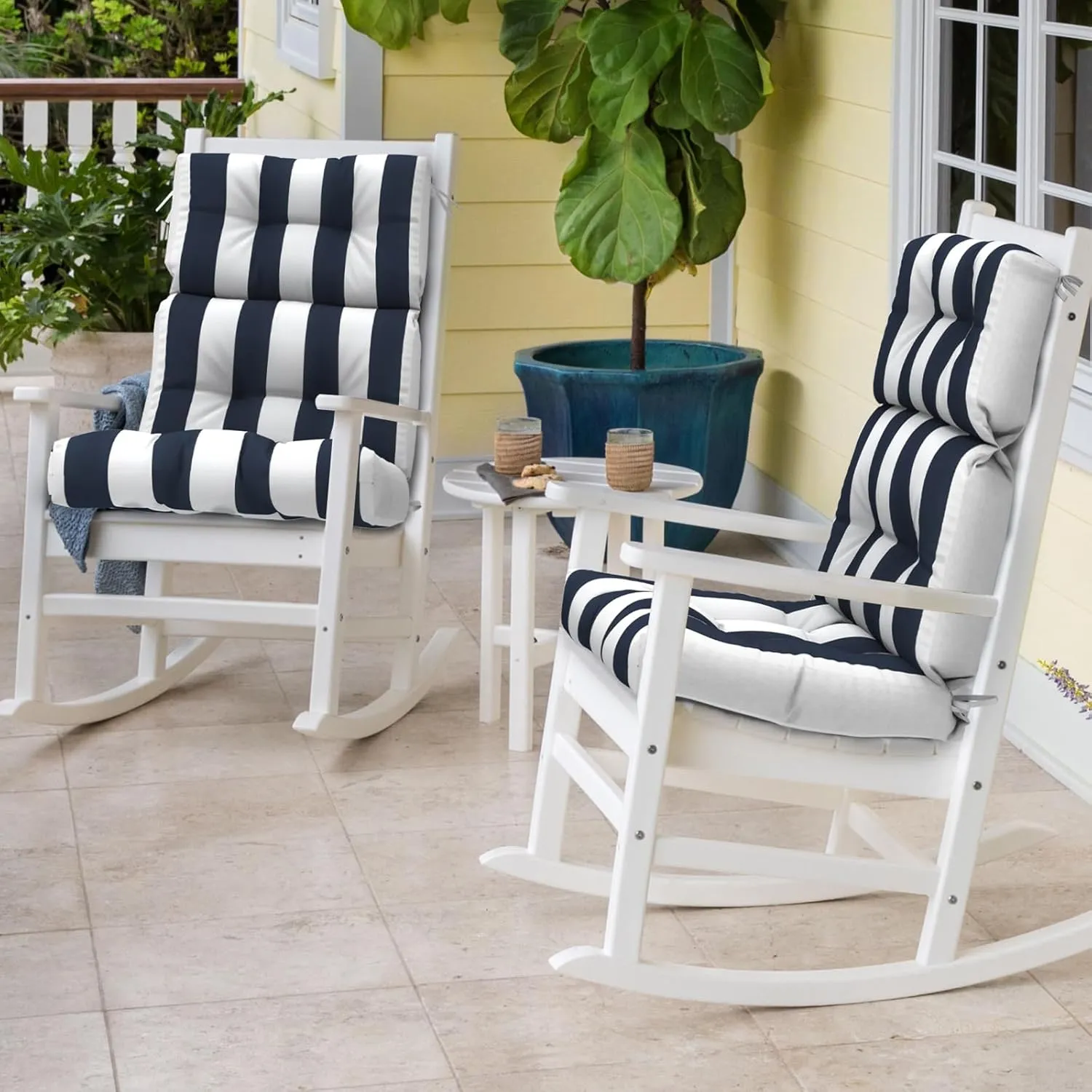 Outdoor Rocking Chair Cushions, Non-Skid Slip Backed Sun Lounger Chair Cushions, High Back Chair Cushion for Patio Chairs, 44"x22"x4", Set of 2, Cabana Navy