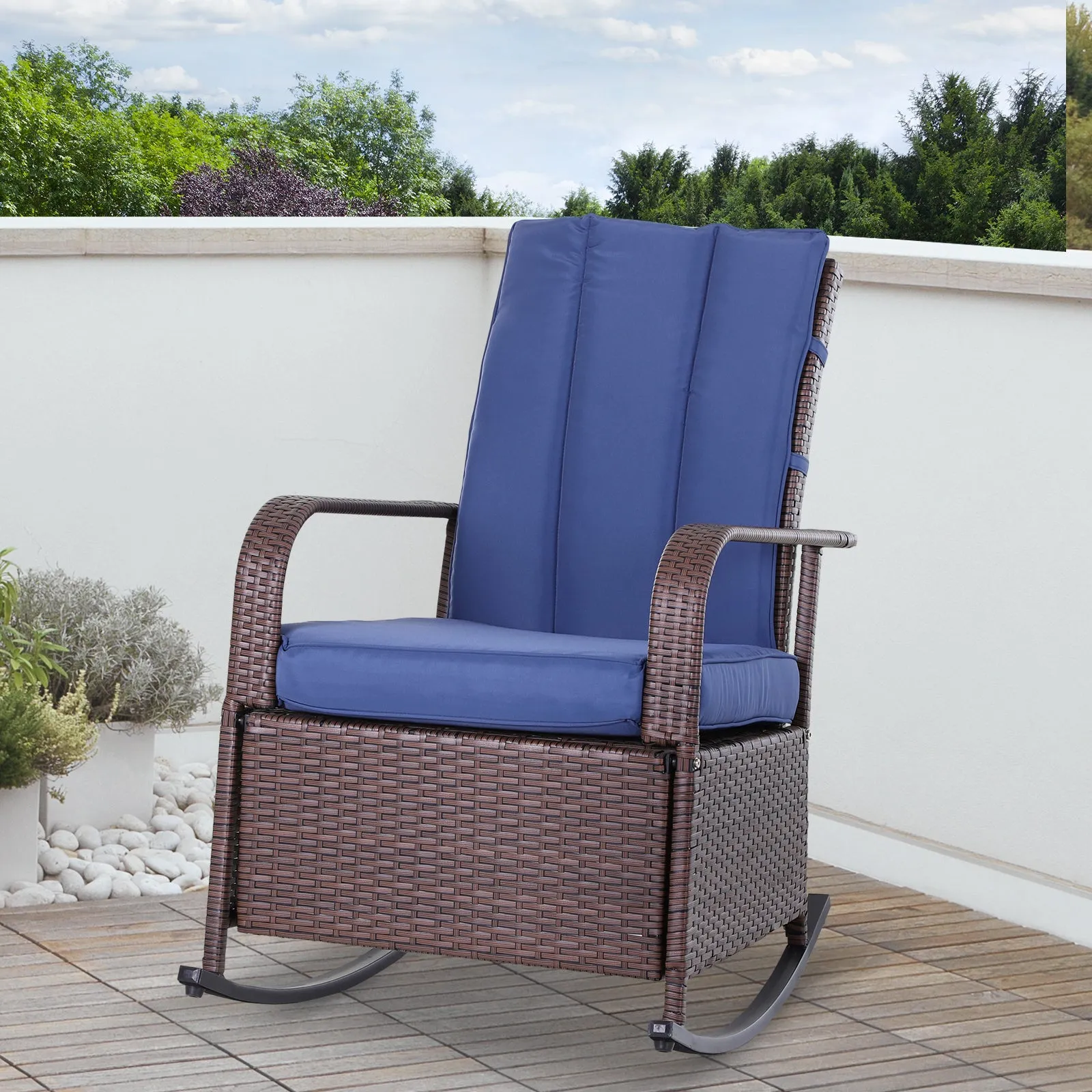 Outdoor Wicker Rocking Chair with Cushion, Patio PE Rattan Recliner Chair with Adjustable Footrest, Armrests, Dark Blue