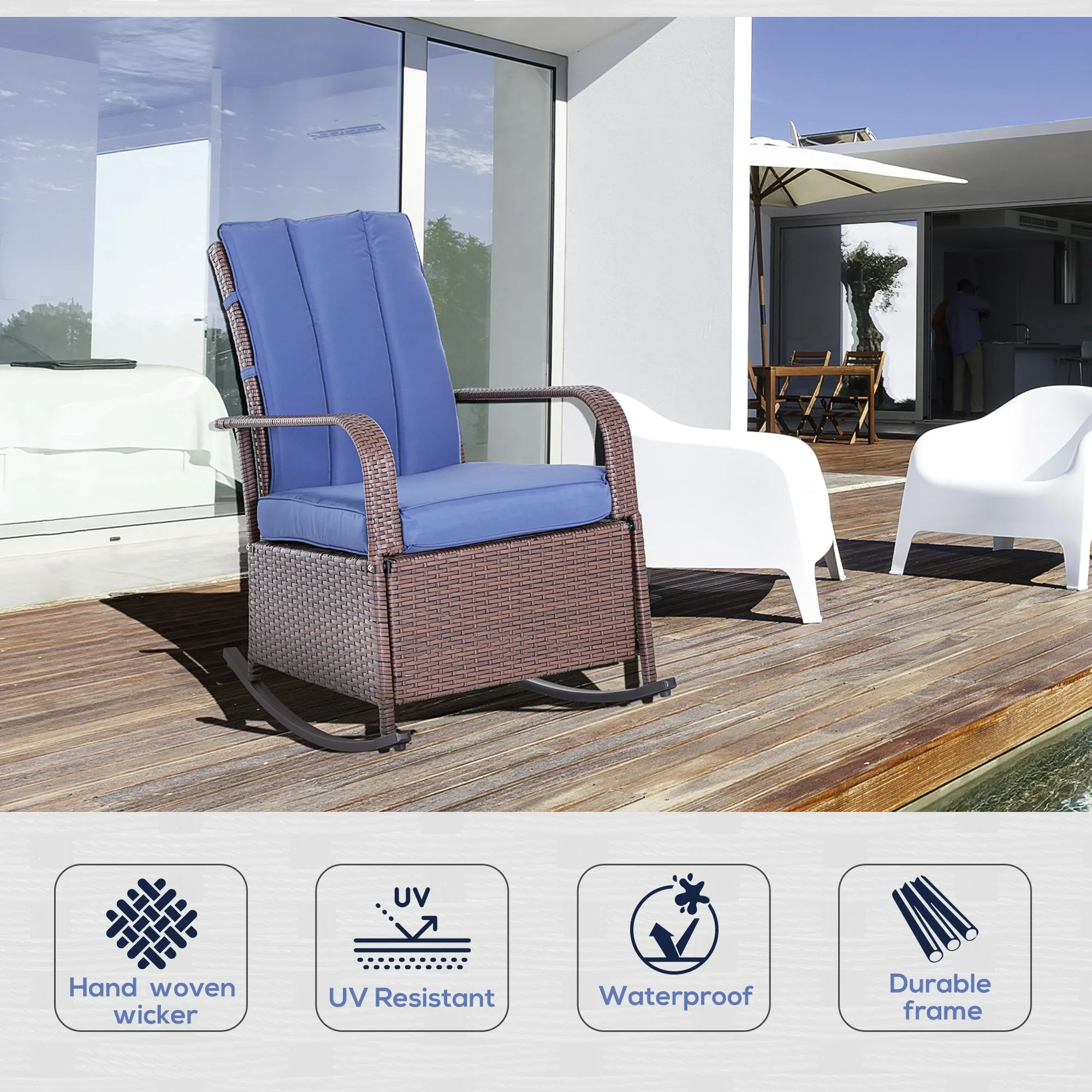 Outdoor Wicker Rocking Chair with Cushion, Patio PE Rattan Recliner Chair with Adjustable Footrest, Armrests, Dark Blue