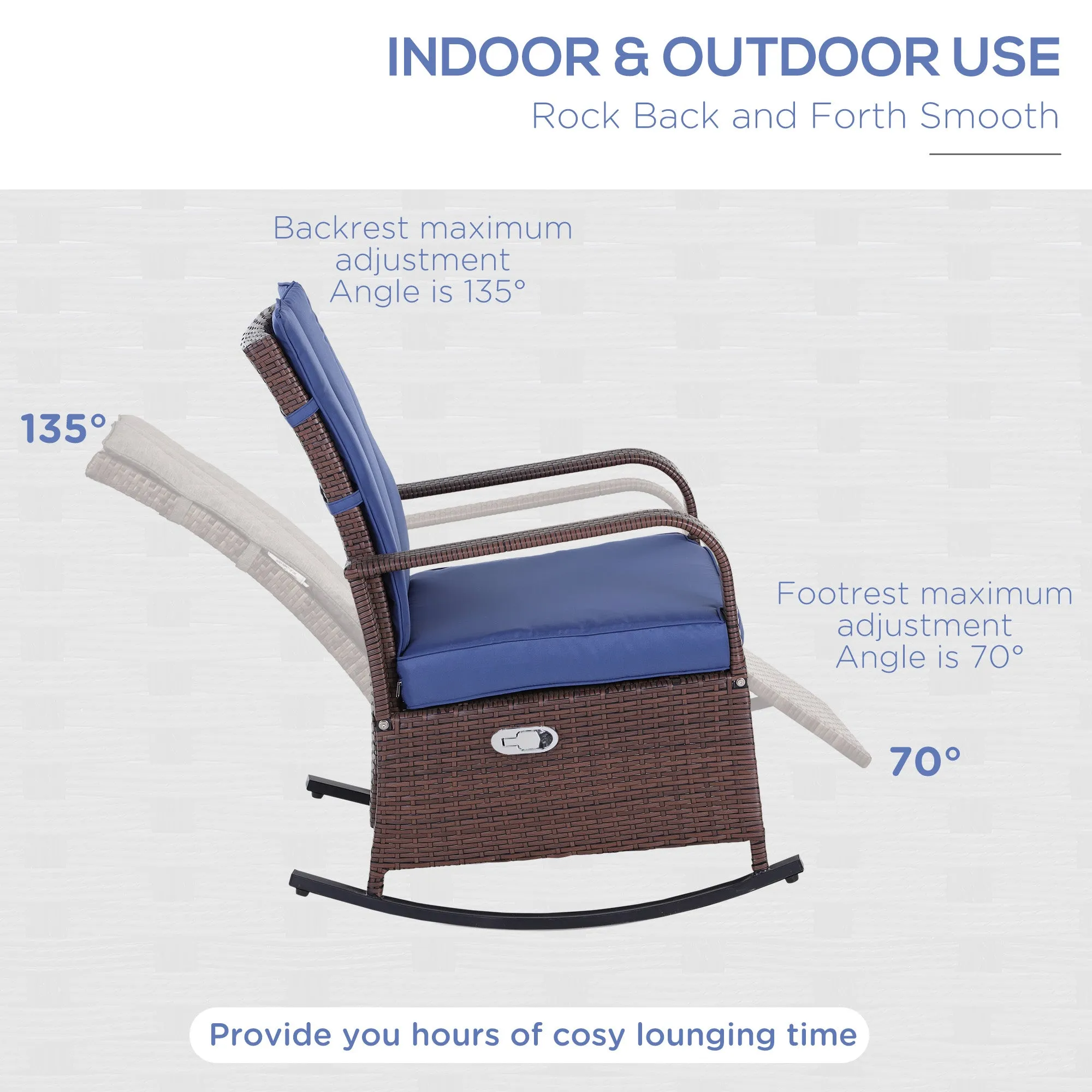 Outdoor Wicker Rocking Chair with Cushion, Patio PE Rattan Recliner Chair with Adjustable Footrest, Armrests, Dark Blue