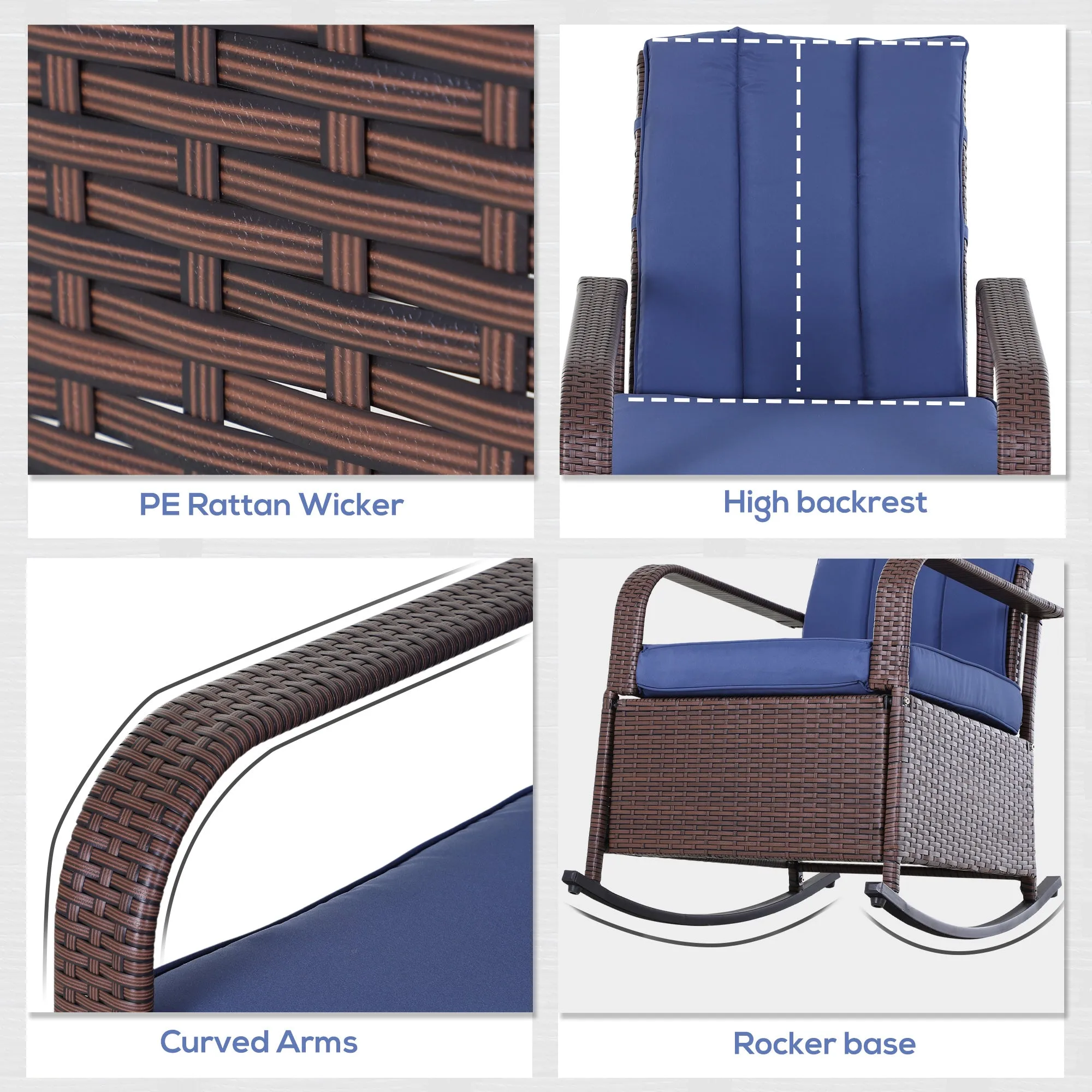 Outdoor Wicker Rocking Chair with Cushion, Patio PE Rattan Recliner Chair with Adjustable Footrest, Armrests, Dark Blue