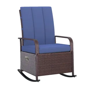 Outdoor Wicker Rocking Chair with Cushion, Patio PE Rattan Recliner Chair with Adjustable Footrest, Armrests, Dark Blue