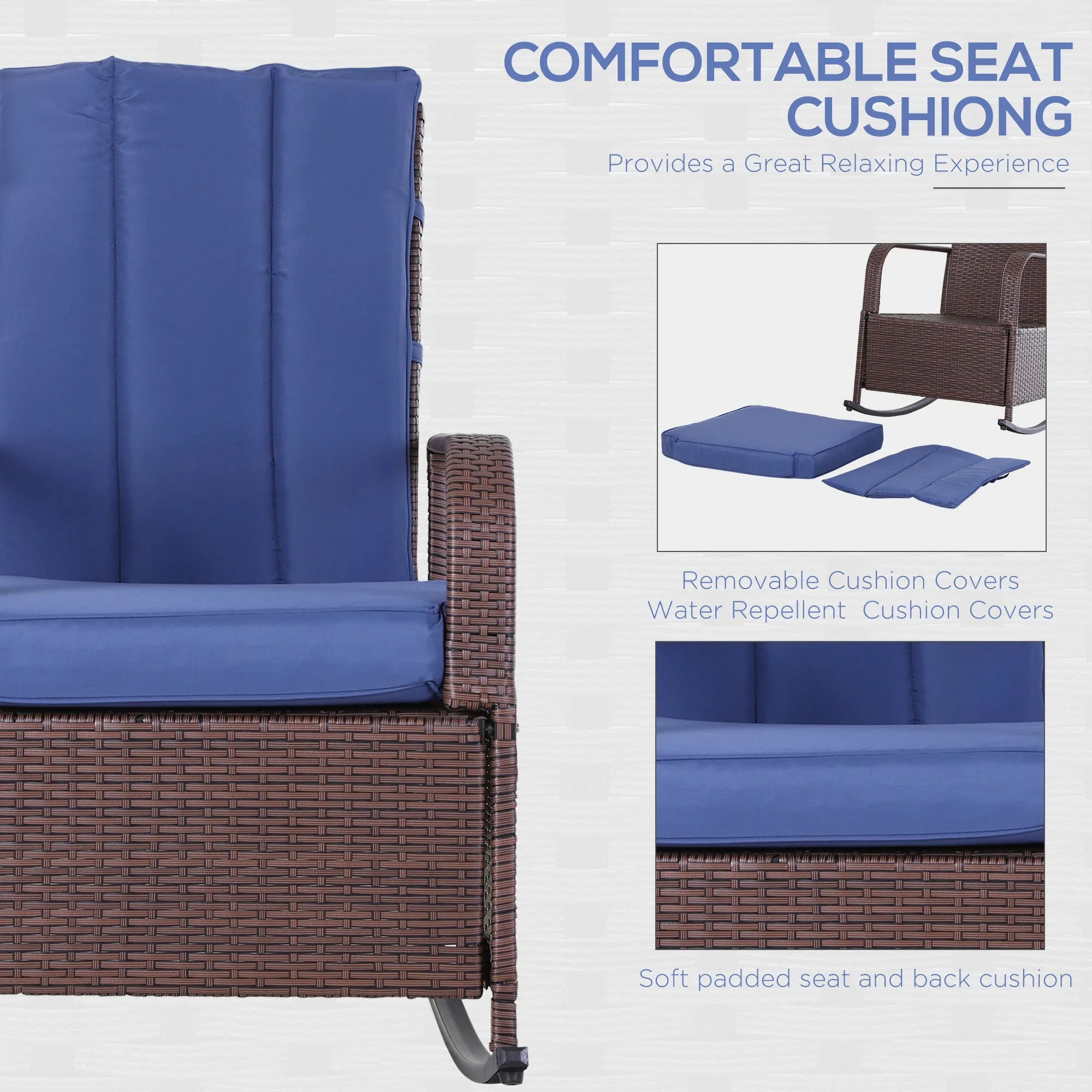 Outdoor Wicker Rocking Chair with Cushion, Patio PE Rattan Recliner Chair with Adjustable Footrest, Armrests, Dark Blue