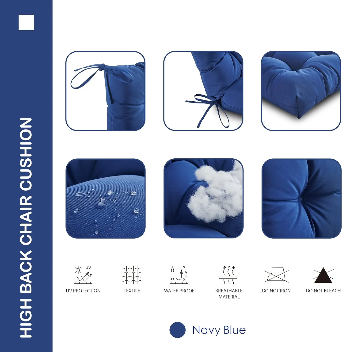 Outdoor/Indoor High Back Chair Cushion, Waterproof All-Weather Stuffed High Rebound Foam Adirondack Chair, Navy Blue