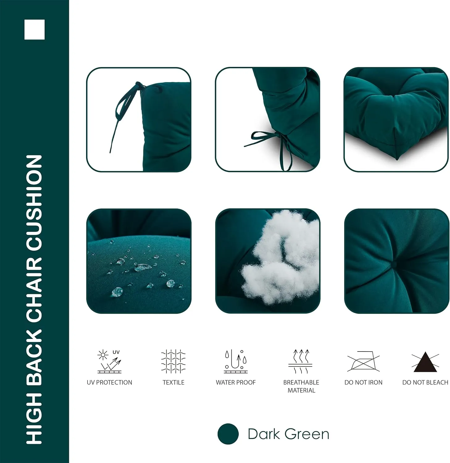 Outdoor/Indoor High Back Chair Cushion, Waterproof All-Weather Stuffed High Rebound Foam Adirondack Seat Cushion, Dark Green
