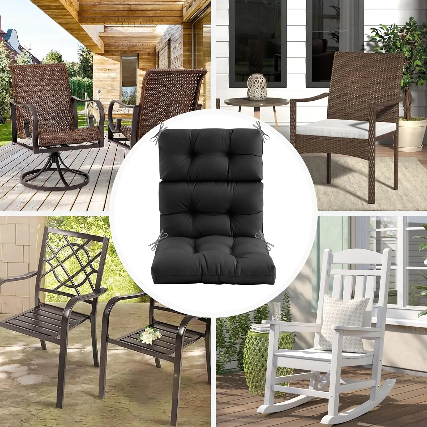 Outdoor/Indoor High Back Chair Cushion, Waterproof Outdoor Rocking Chair Cushion with Ties, Tufted Replacement Seat Cushions for Outdoor Furniture, Black
