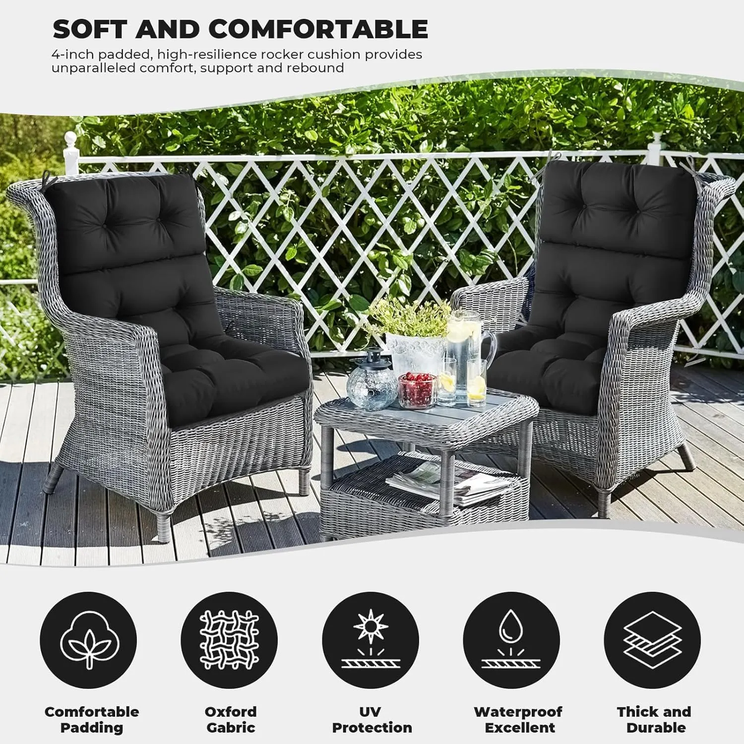 Outdoor/Indoor High Back Chair Cushion, Waterproof Outdoor Rocking Chair Cushion with Ties, Tufted Replacement Seat Cushions for Outdoor Furniture, Black