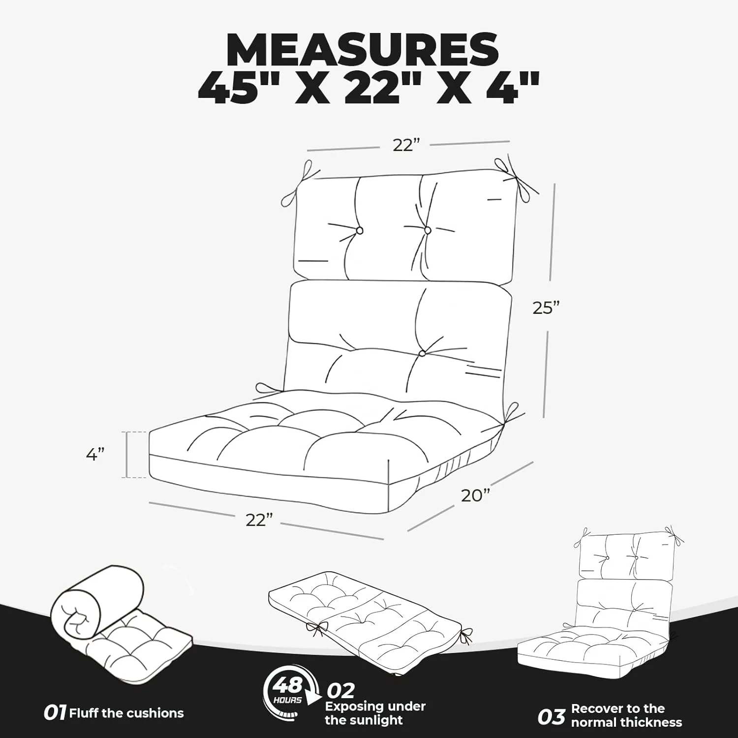 Outdoor/Indoor High Back Chair Cushion, Waterproof Outdoor Rocking Chair Cushion with Ties, Tufted Replacement Seat Cushions for Outdoor Furniture, Black