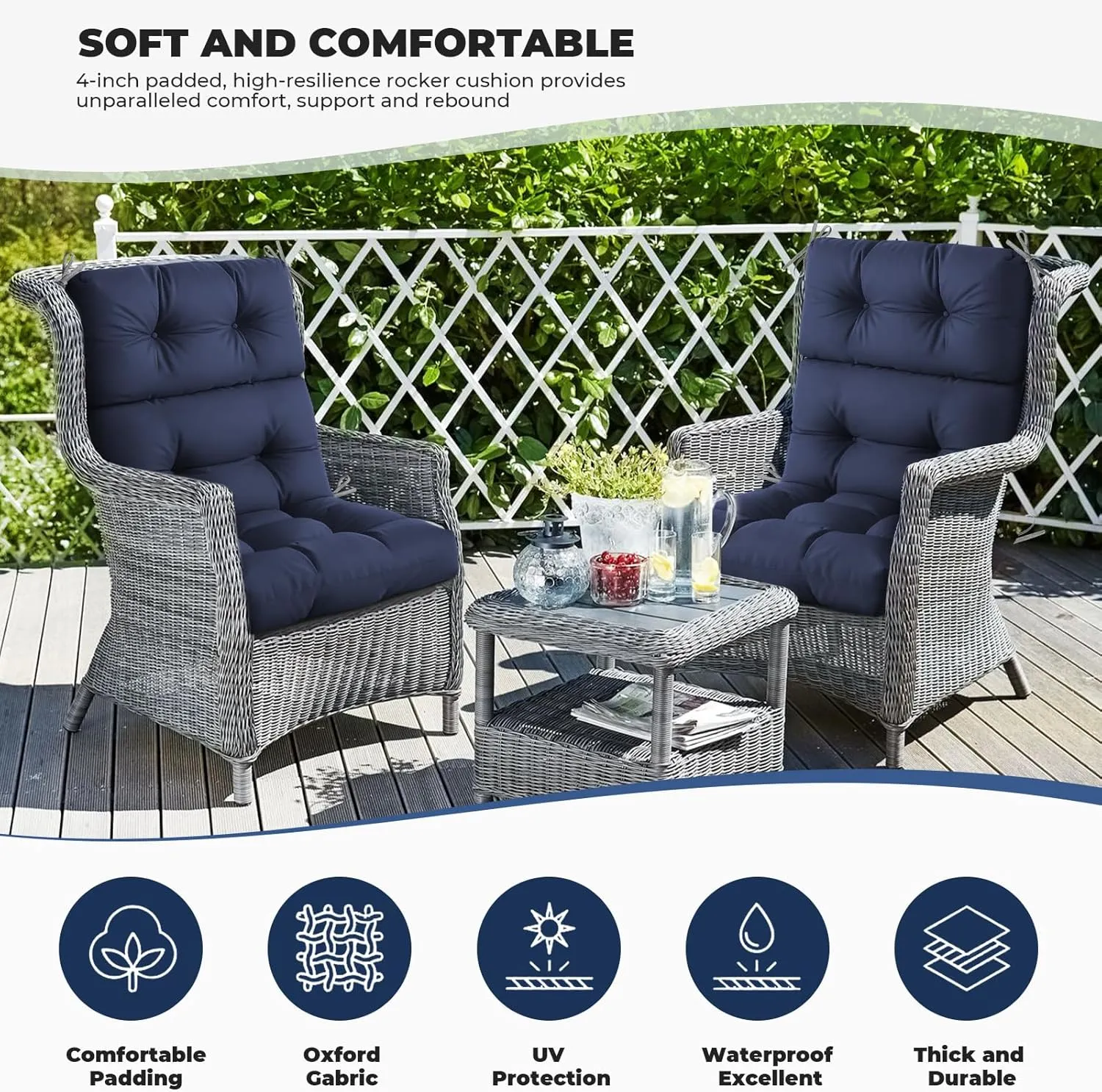 Outdoor/Indoor High Back Chair Cushion, Waterproof Outdoor Rocking Chair Cushion with Ties, Tufted Replacement Seat Cushions for Outdoor Furniture, Blue